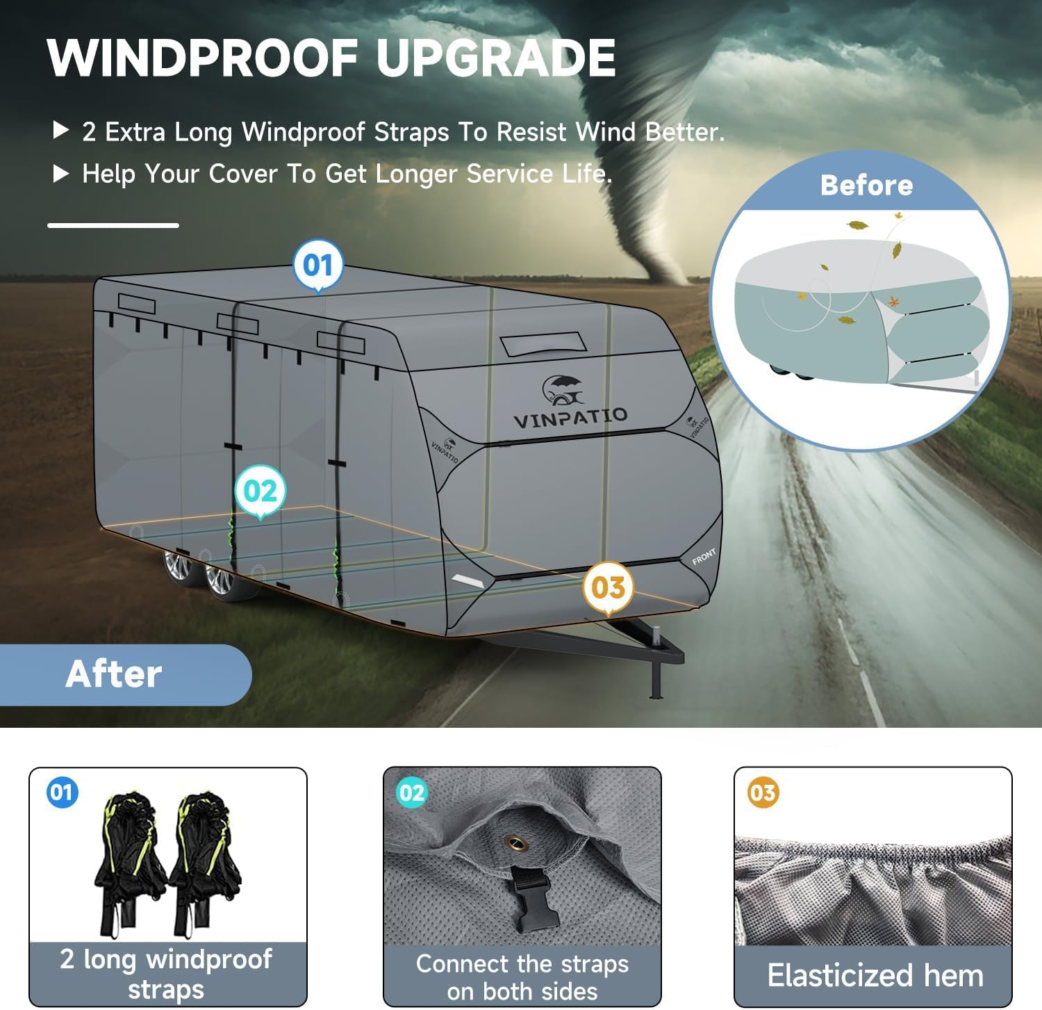 VINPATIO windproof straps keep the cover securely in place during wind.
