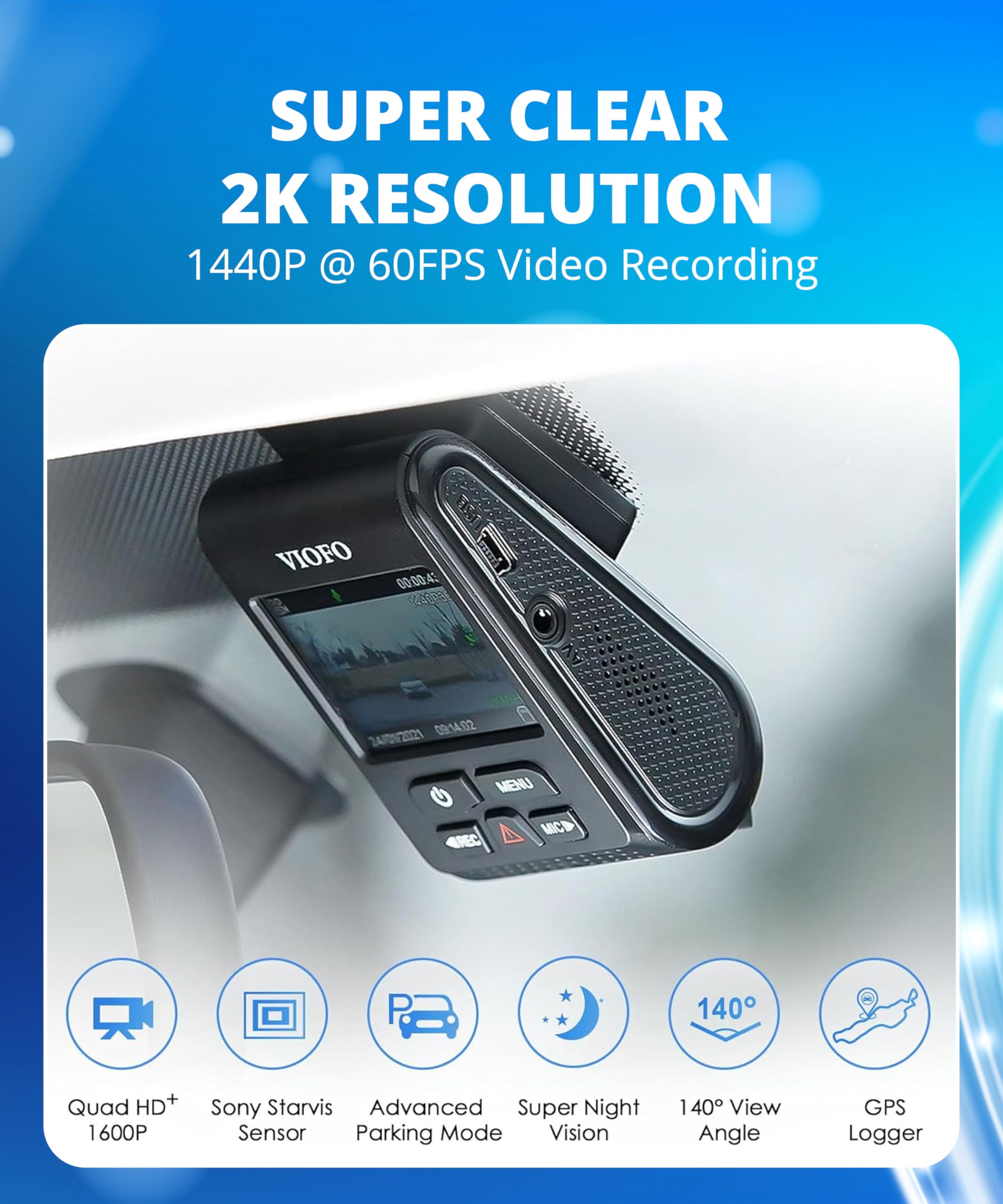 VIOFO lens close-up highlighting STARVIS sensor for clearer low-light footage