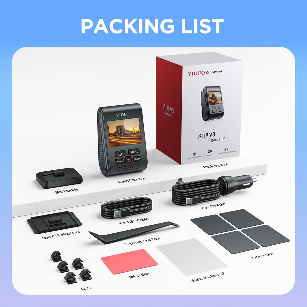 VIOFO packaging and accessories layout showing included items and setup ease