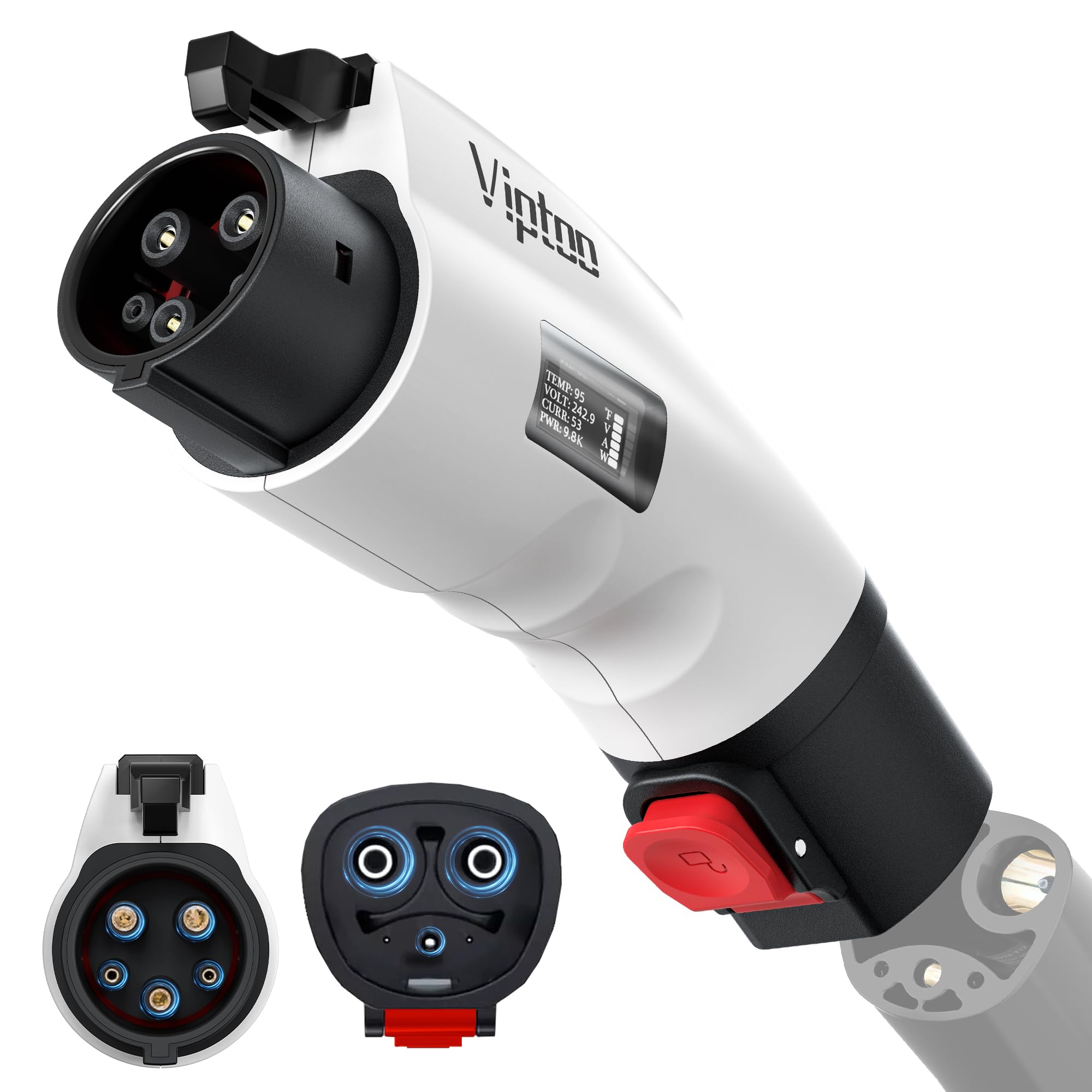 VIPTOO Tesla to J1772 adapter with digital display shows real-time charging data.