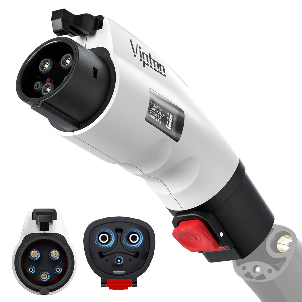 VIPTOO Tesla to J1772 adapter with digital display shows real-time charging data.