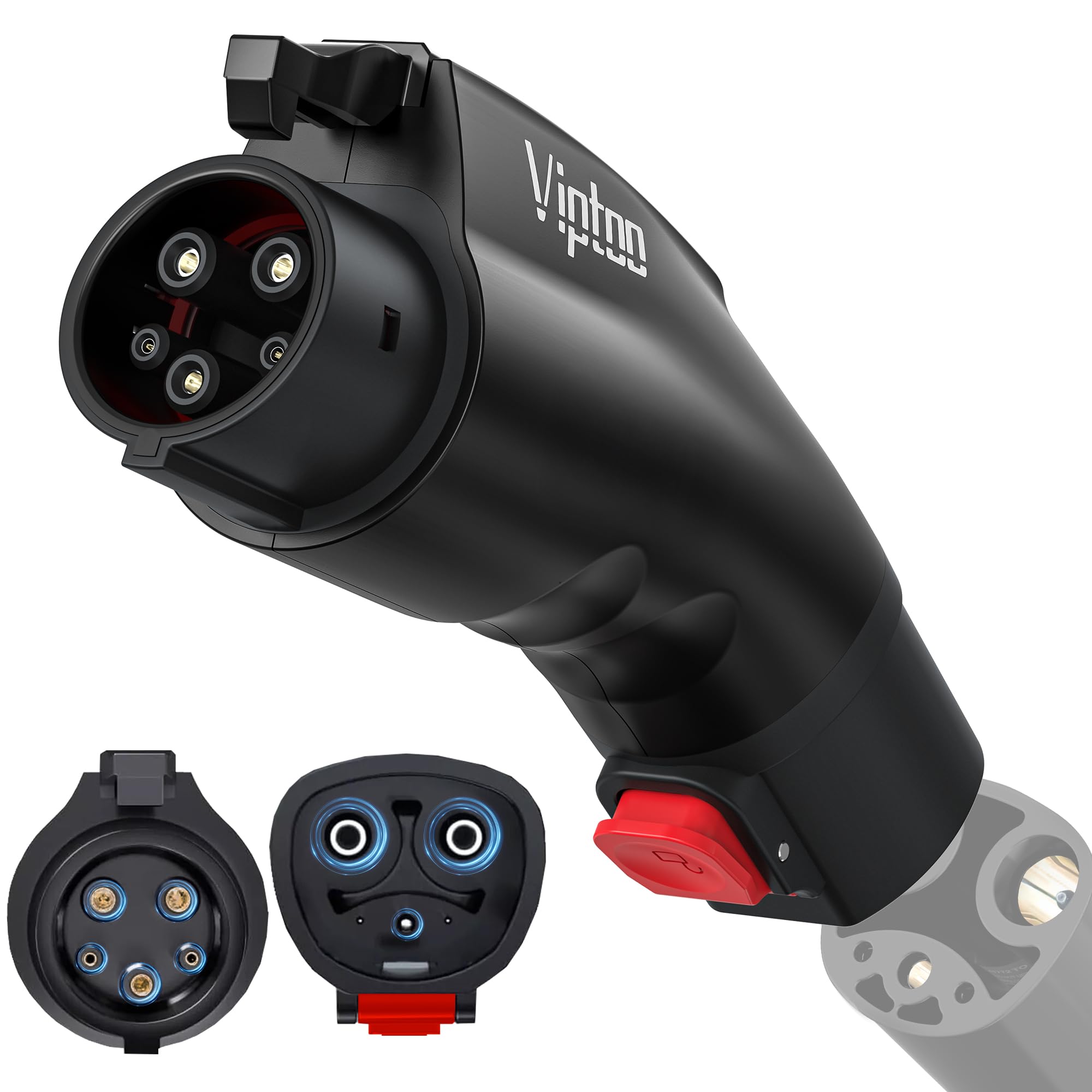 VIPTOO Tesla to J1772 adapter front view demonstrates compact design for home charging.