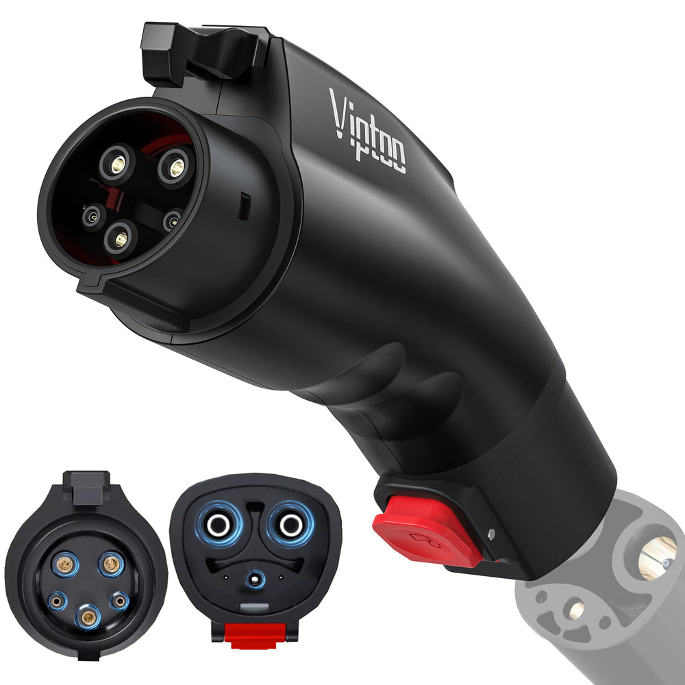 VIPTOO Tesla to J1772 adapter front view demonstrates compact design for home charging.