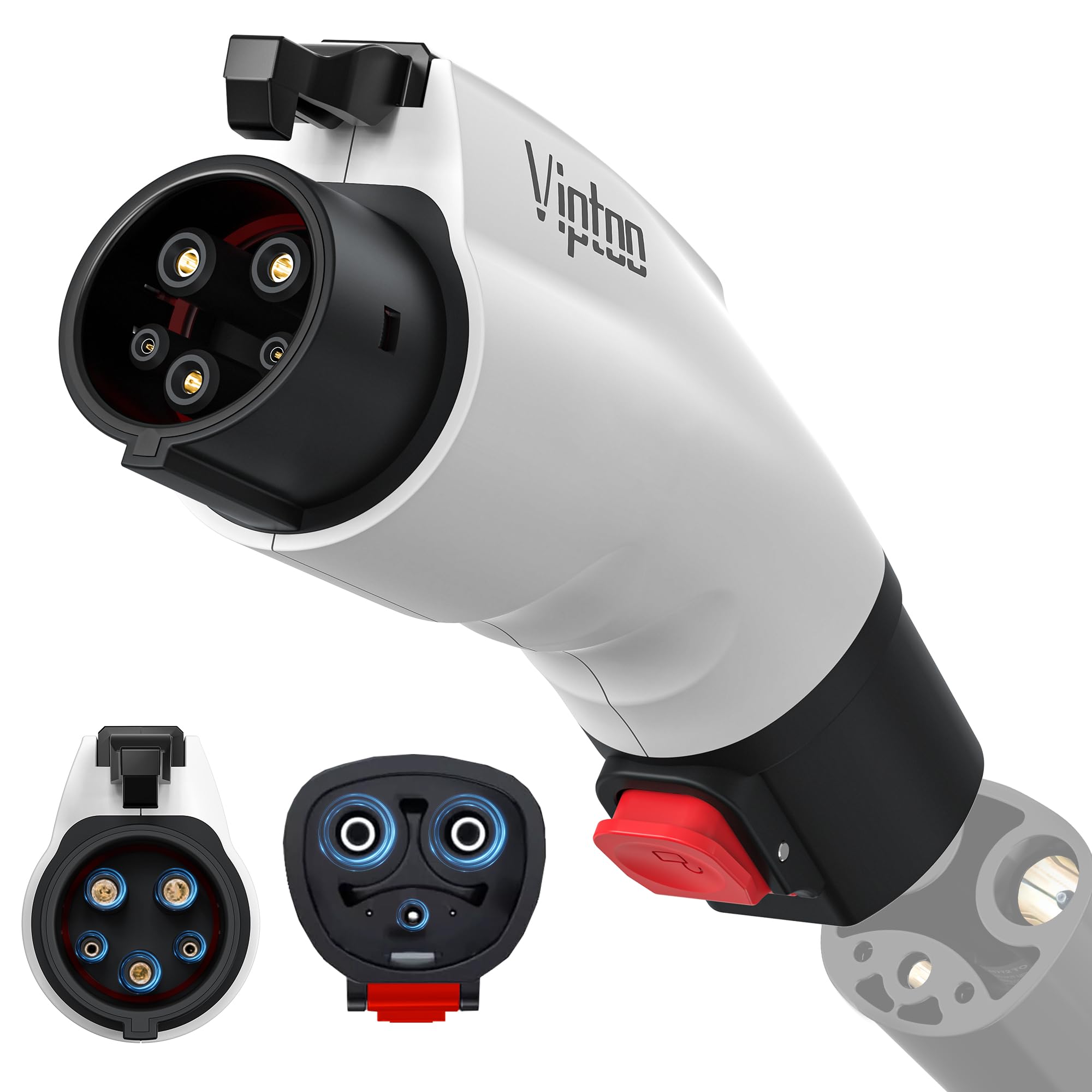 VIPTOO Tesla to J1772 adapter front view with secure dual lock for stable charging