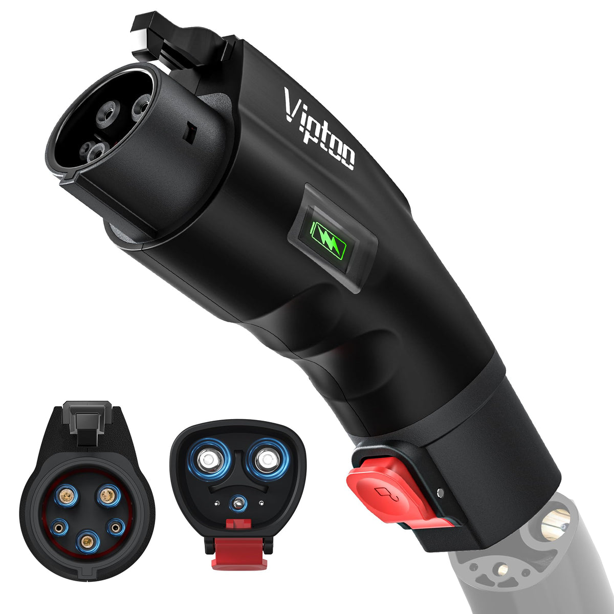 VIPTOO Tesla to J1772 adapter with status display showing real-time charging feedback.