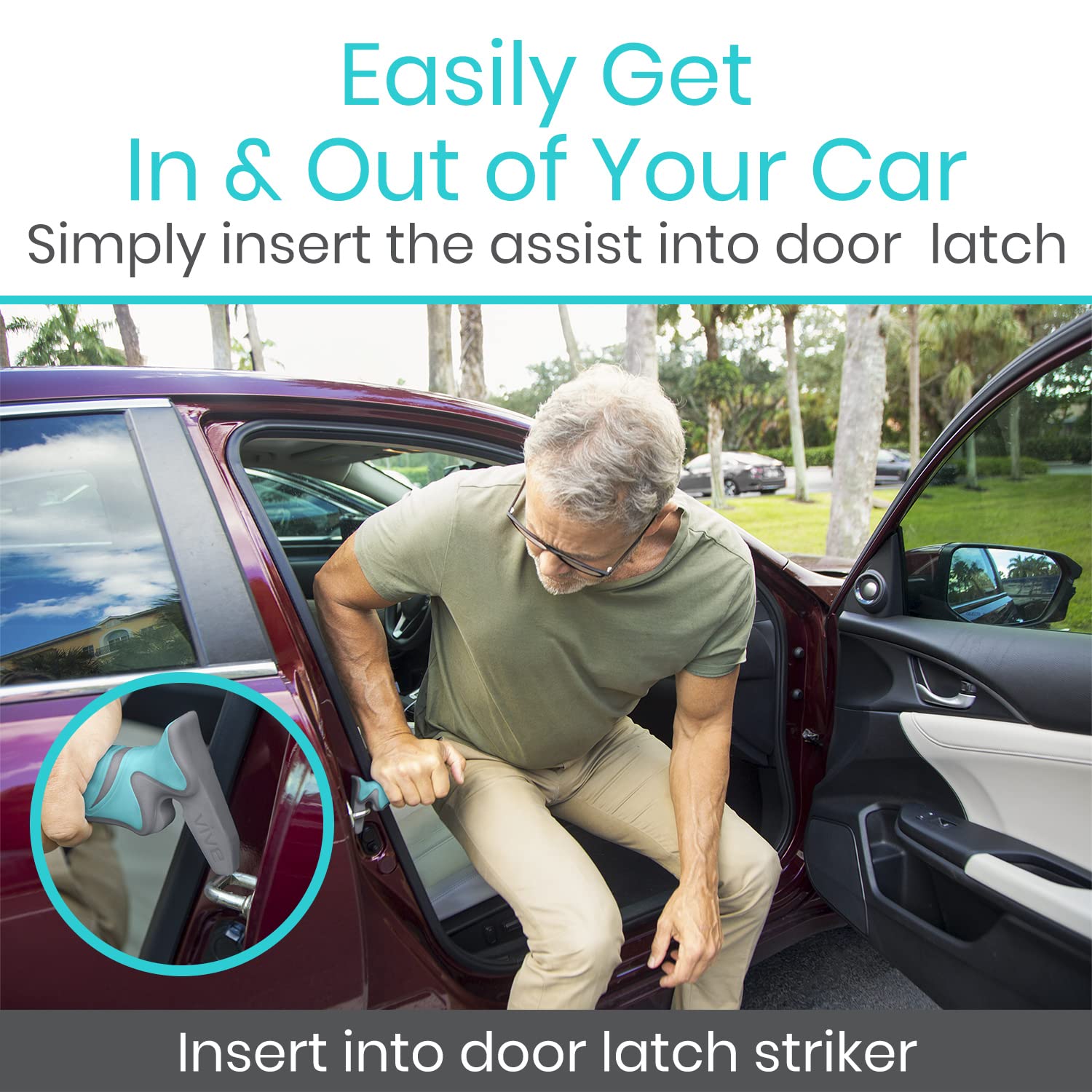 Vive Car Handle Assist fits compact cars and stores in the glove box.