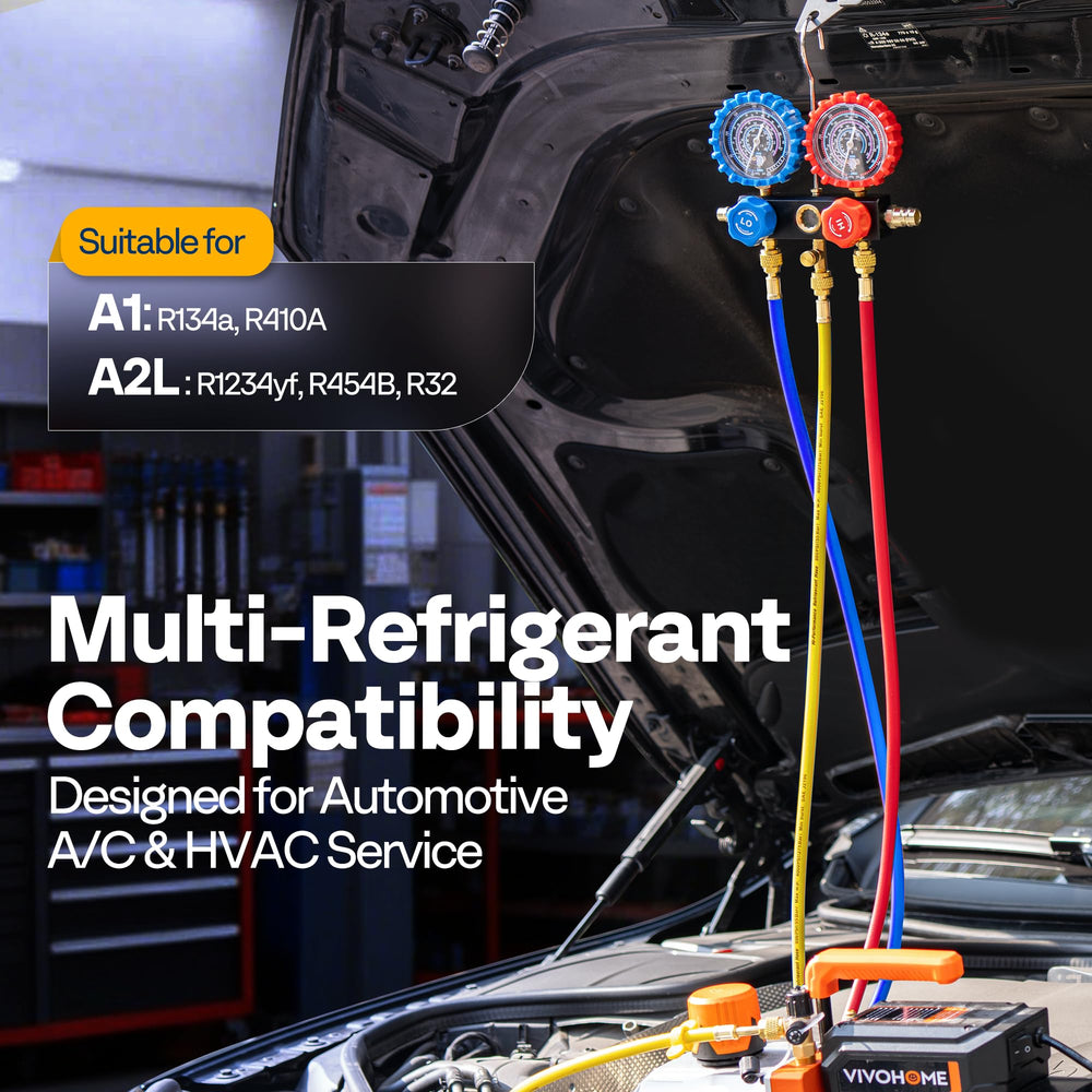 Vivohome color-coded hoses connected to gauge set for secure refrigerant charging