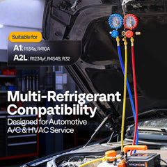 Vivohome color-coded hoses connected to gauge set for secure refrigerant charging