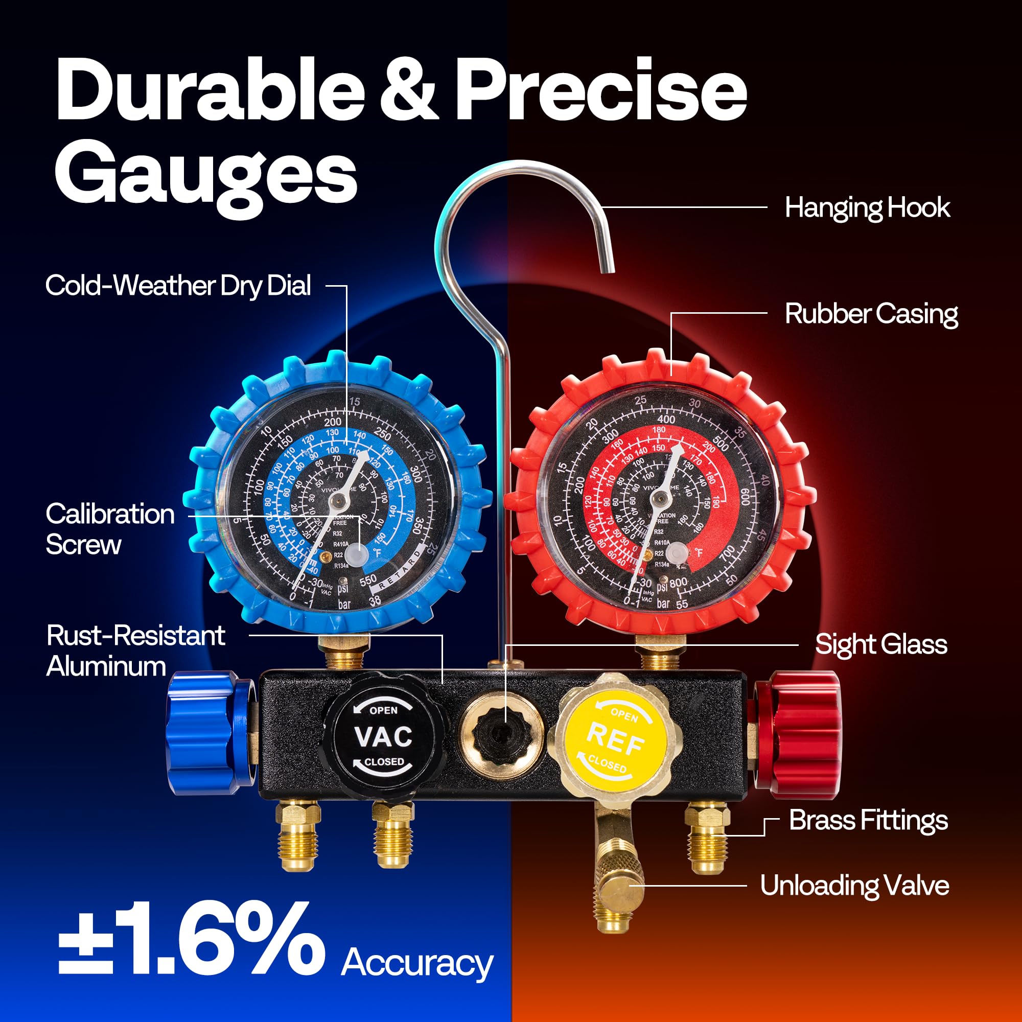 VIVOHOME gauge set hose assembly with color-coded hoses enables safe high and low pressure checks