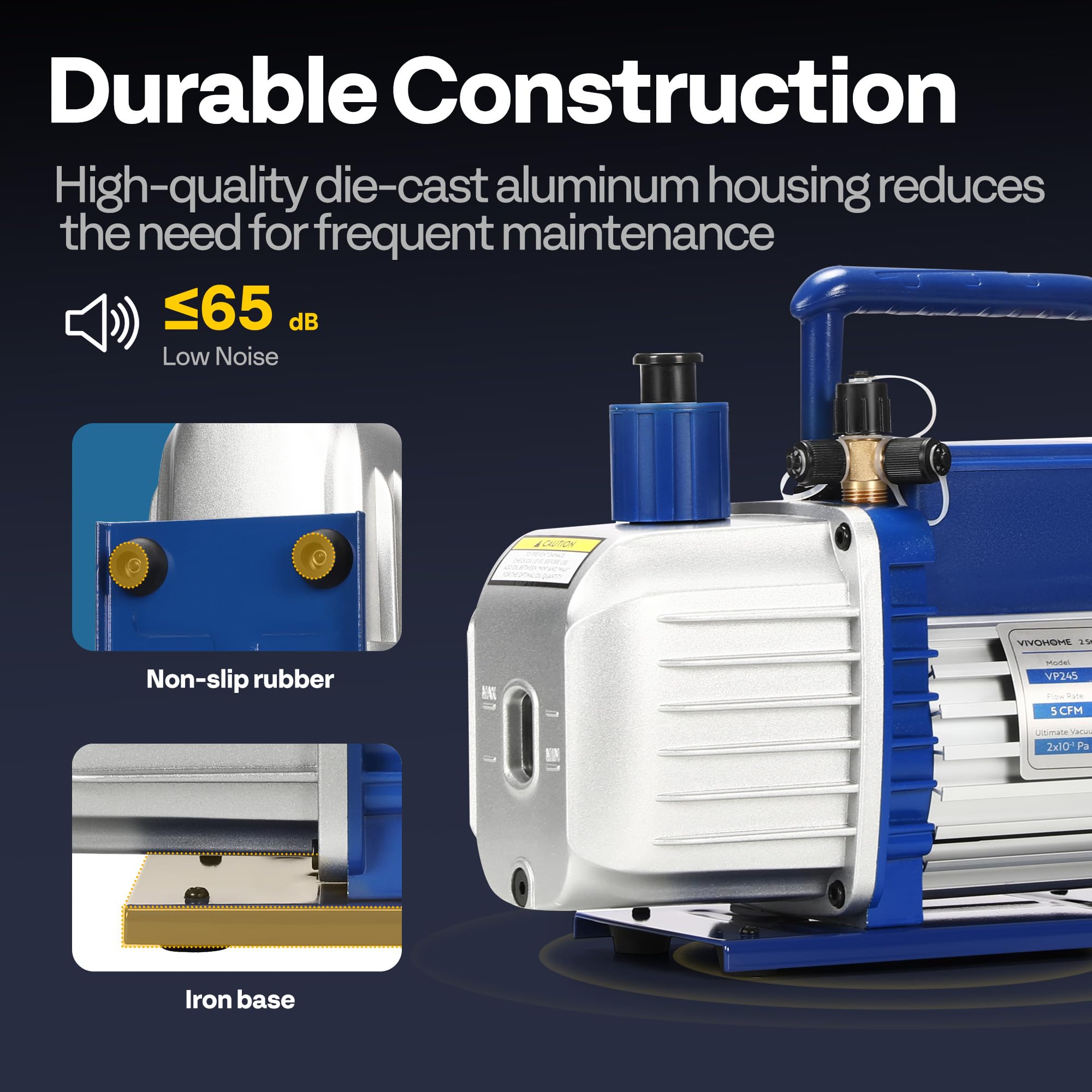 Durable aluminum housing with non slip base for stable, quiet performance
