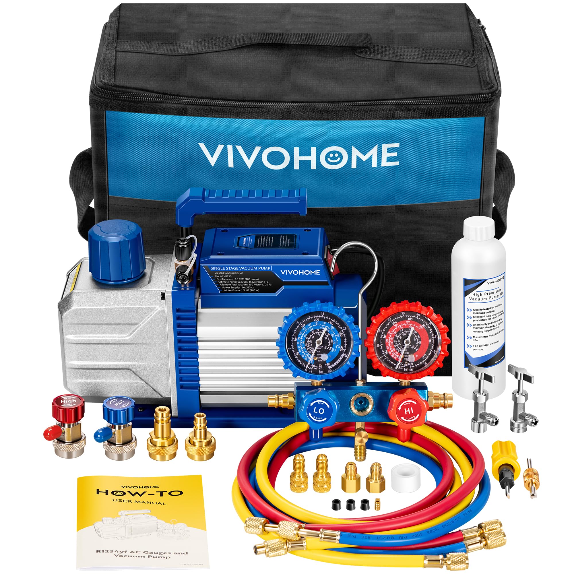 VIVOHOME vacuum pump front view showing compact design for precise AC servicing