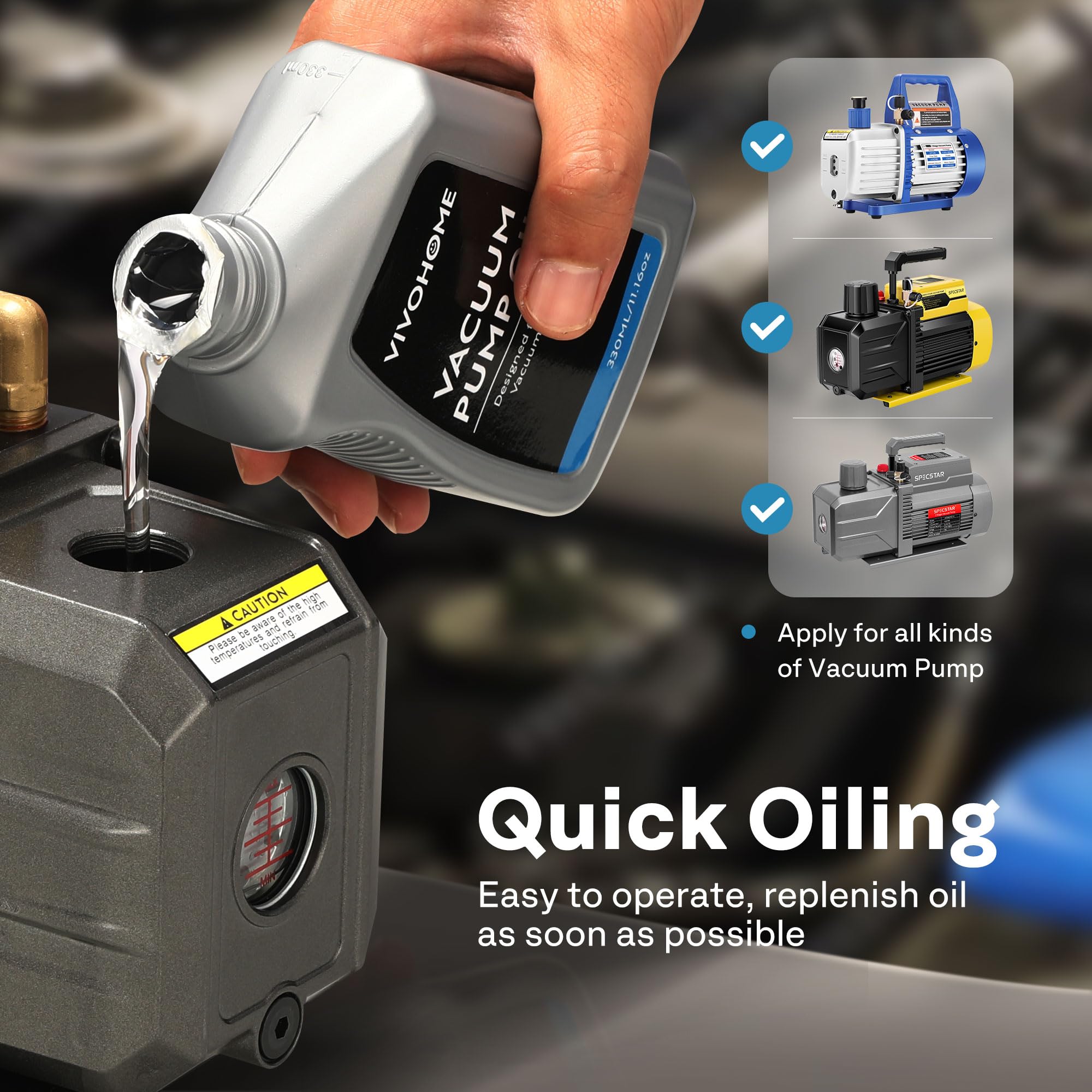 Pouring action of VIVOHOME oil demonstrates easy maintenance and top-ups.