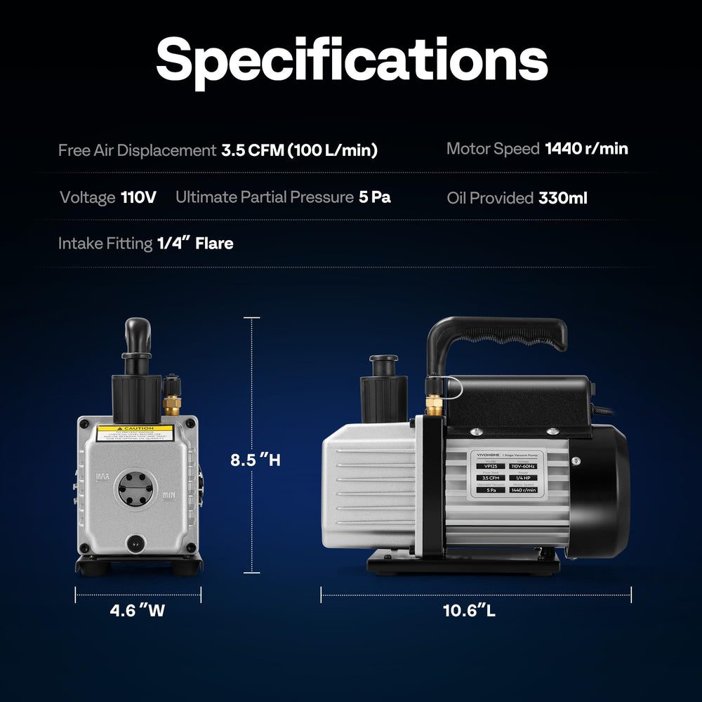VIVOHOME compact packaging with oil bottle and adapters for refrigerants.