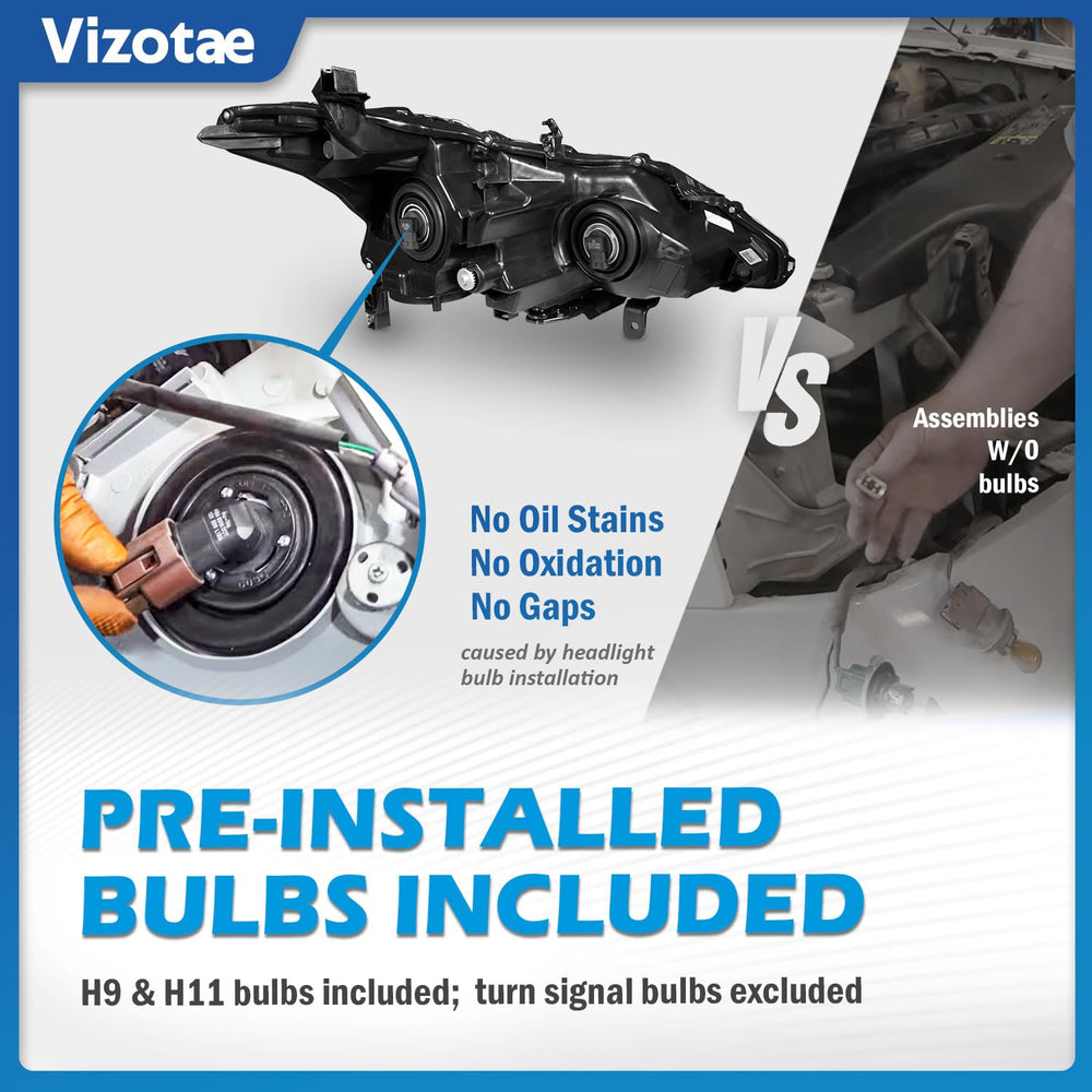 Vizotae headlights assembly with bulbs included close-up shows ready-to-use high and low beam options.