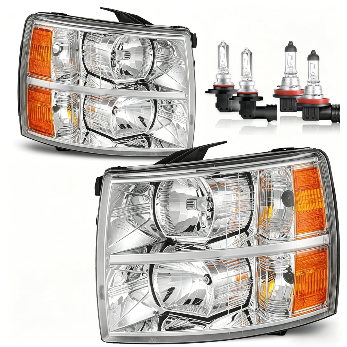 Vizotae headlights front view with bulbs for Silverado, ready for quick replacement.