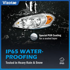 Vizotae headlights weatherproof coating detail for durable driving in wet conditions.