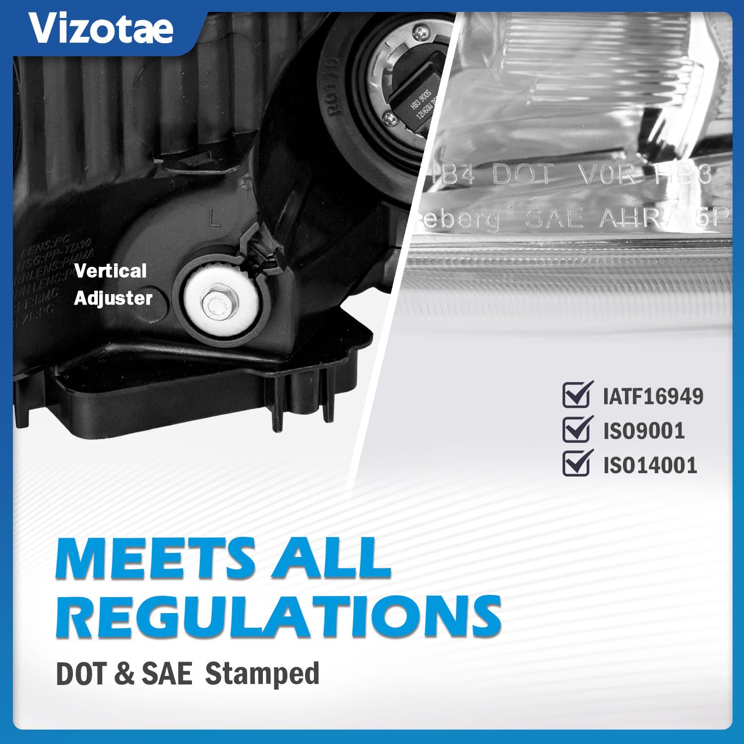Vizotae headlights with bulbs included front view showing bright high/low beams.