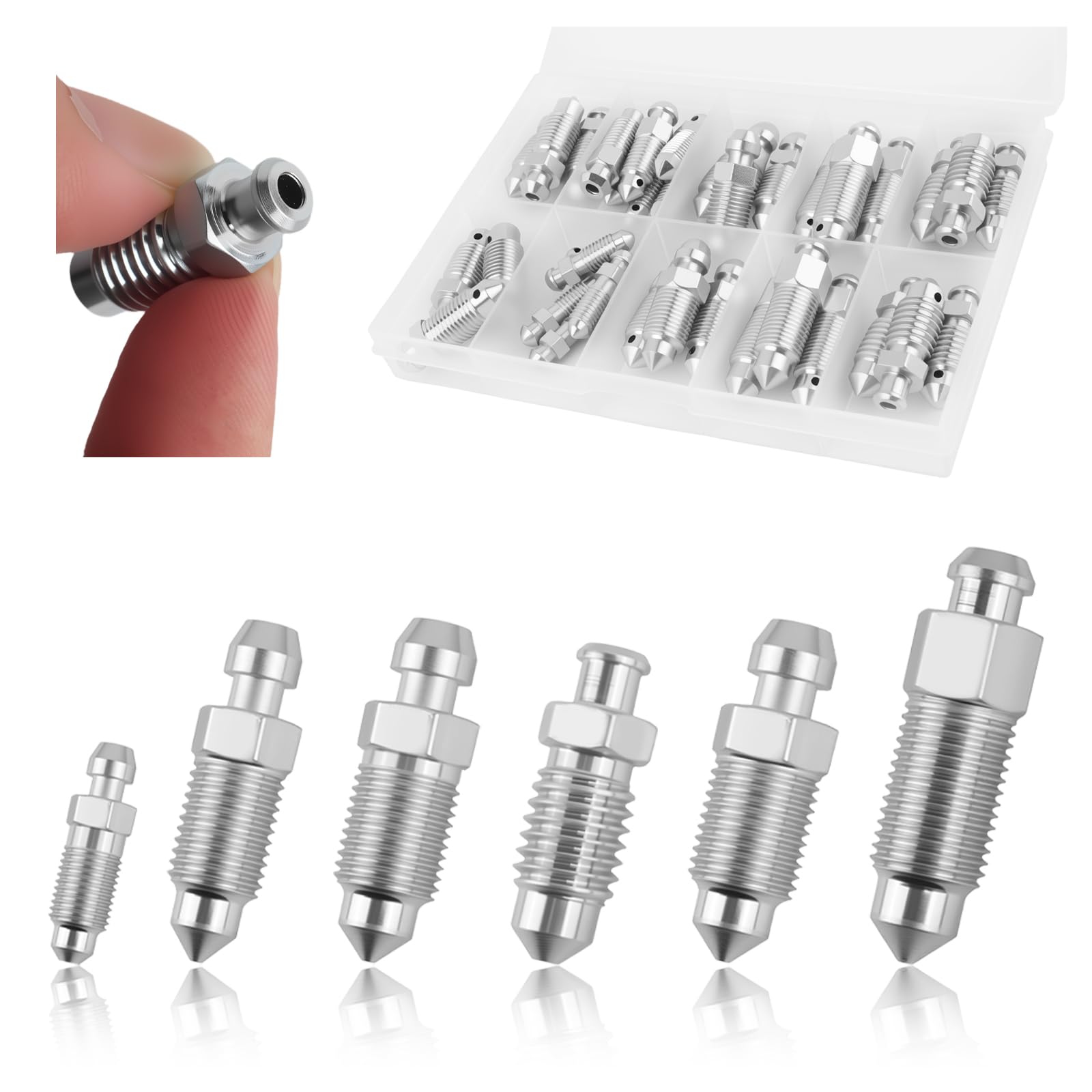 VKQTS brake bleeder screw set in a case for quick access and organization.