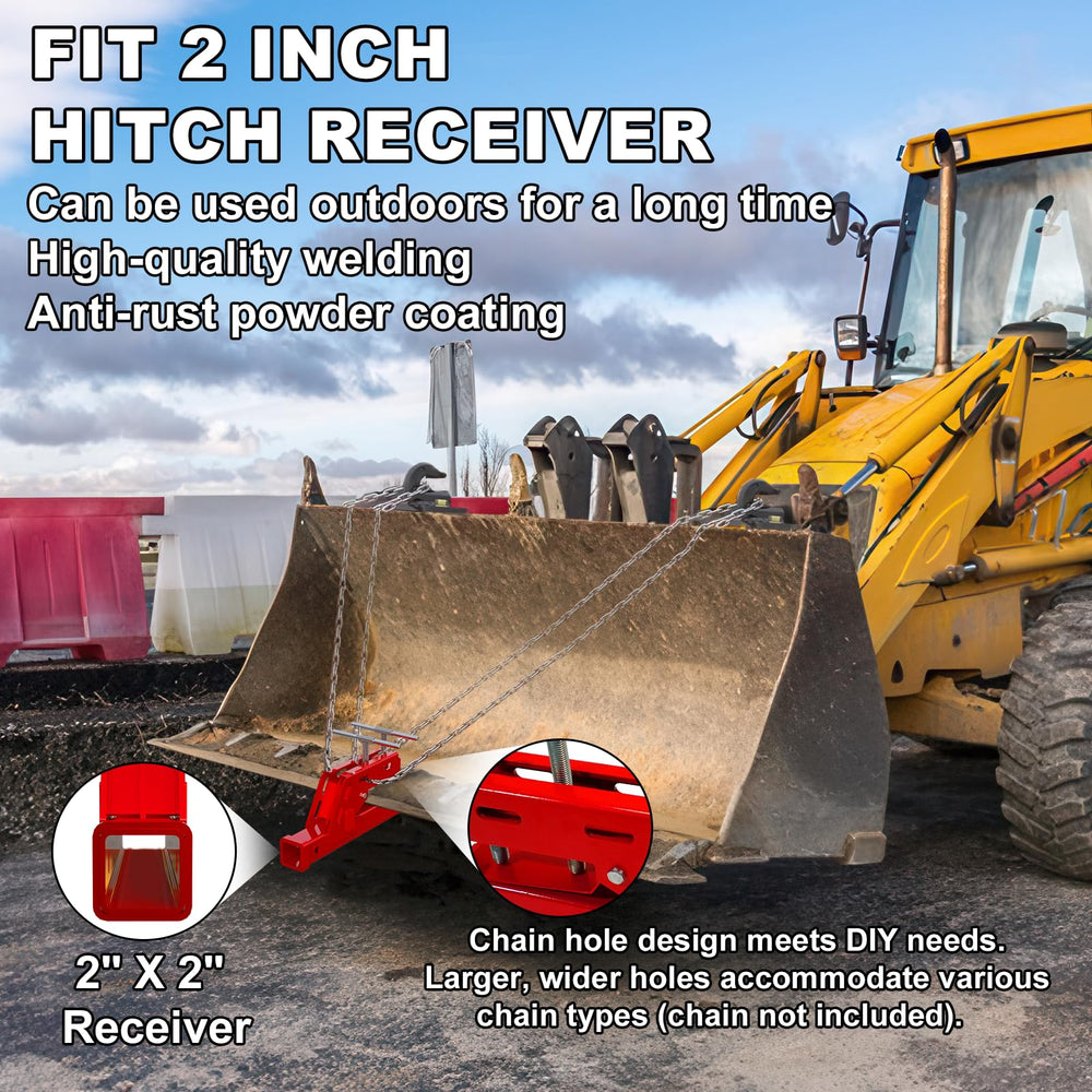 Vlaeng bucket hitch with side-welded plates for rugged towing.
