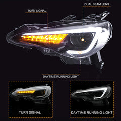 VLAND headlight assembly for Toyota 86 with LED DRL improves nighttime clarity.