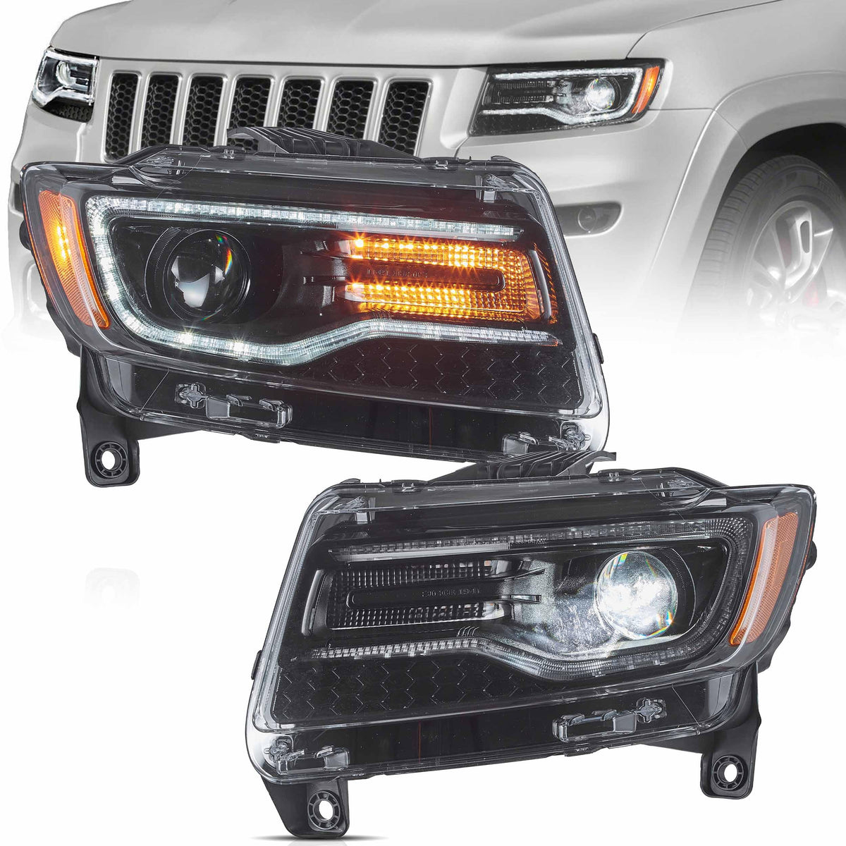 VLAND Jeep Grand Cherokee WK2 front headlights showing upgraded styling and visibility
