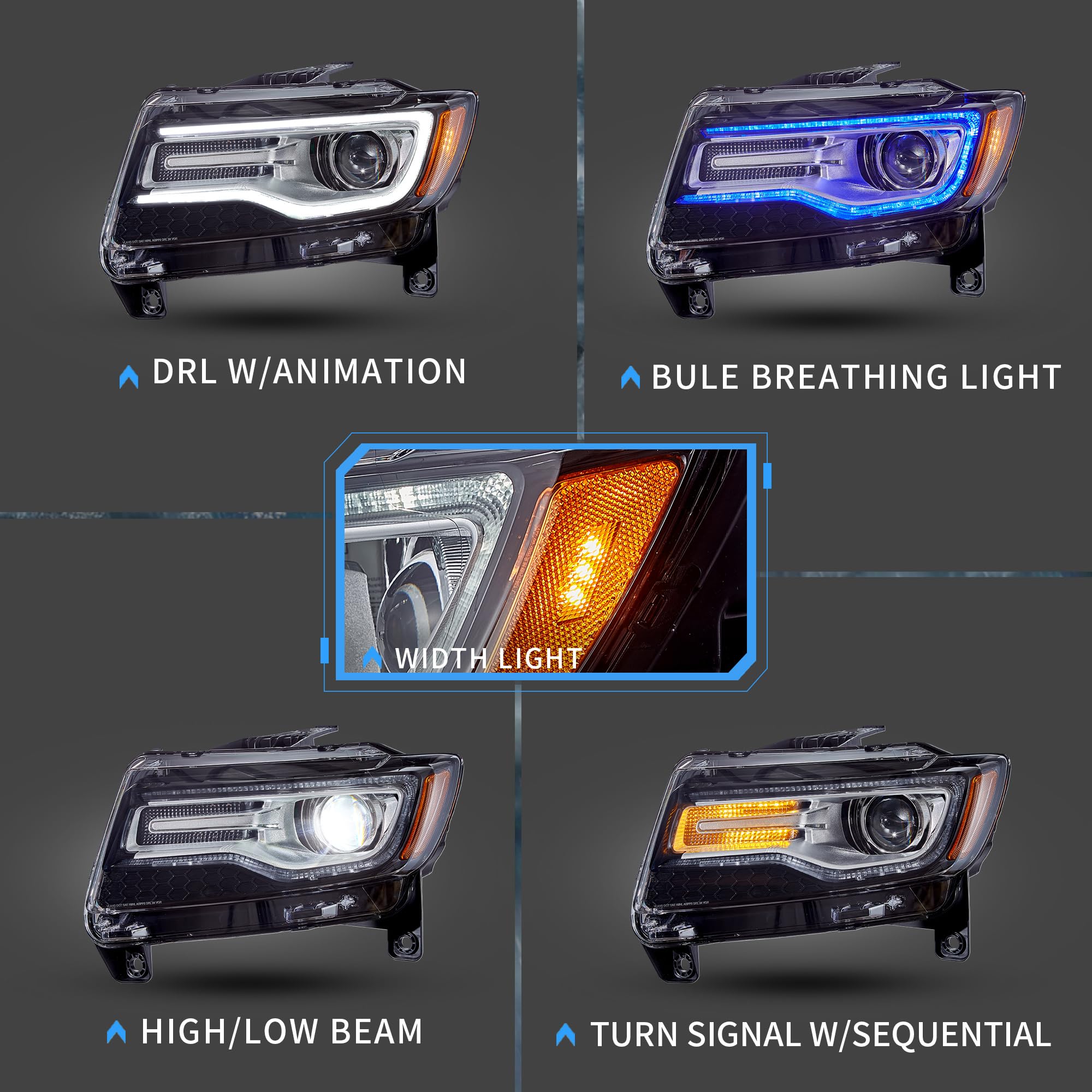 VLAND Cherokee WK2 headlights with dynamic animation for enhanced night visibility