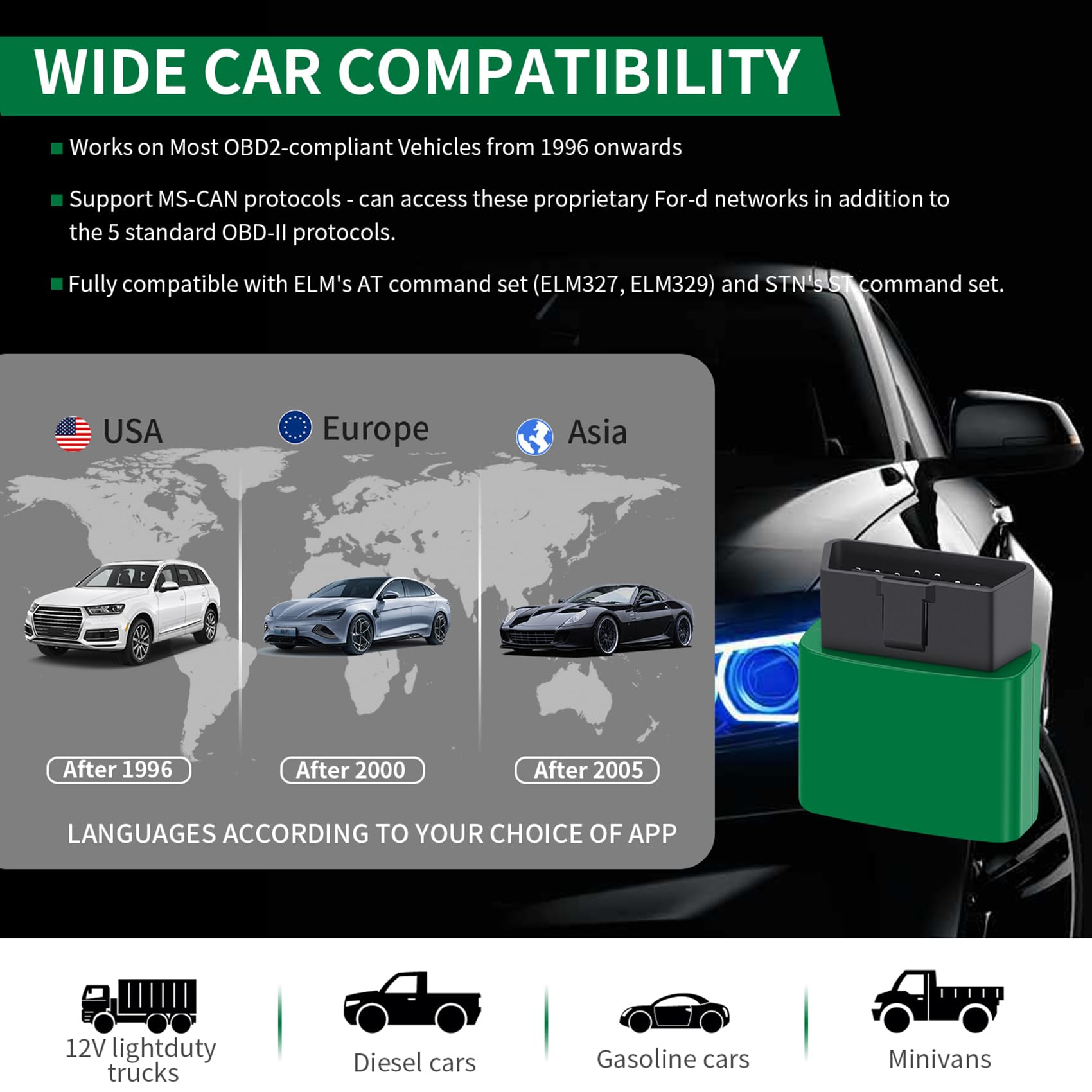 VLinker FD+ broad protocol support across OBD2 networks.