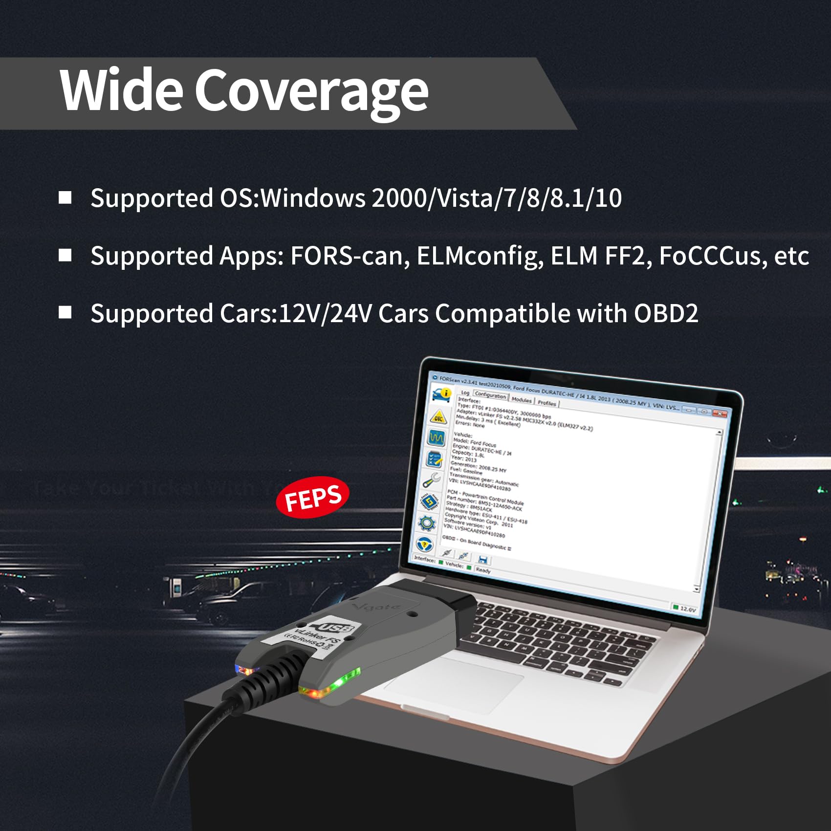 vLinker VGATE FS USB battery protection with auto sleep and safety features.
