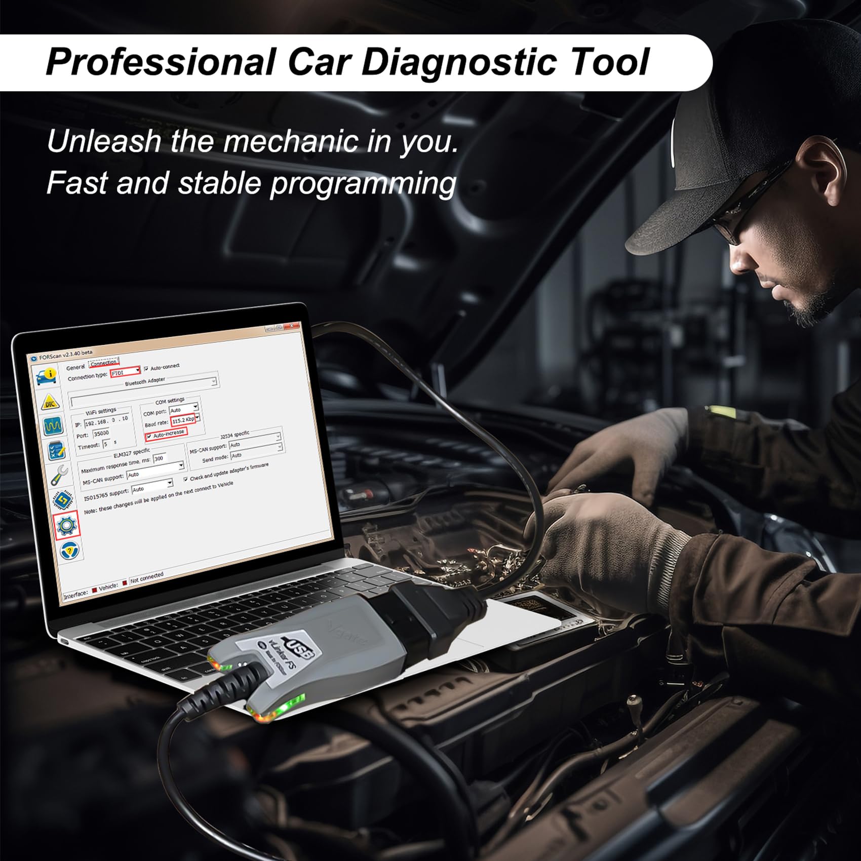 vLinker VGATE FS USB broad vehicle compatibility for 12V and 24V engines.