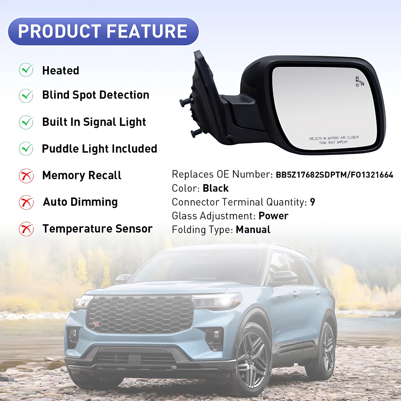 VMDCcdz passenger mirror with blind-spot light for safer lane changes.
