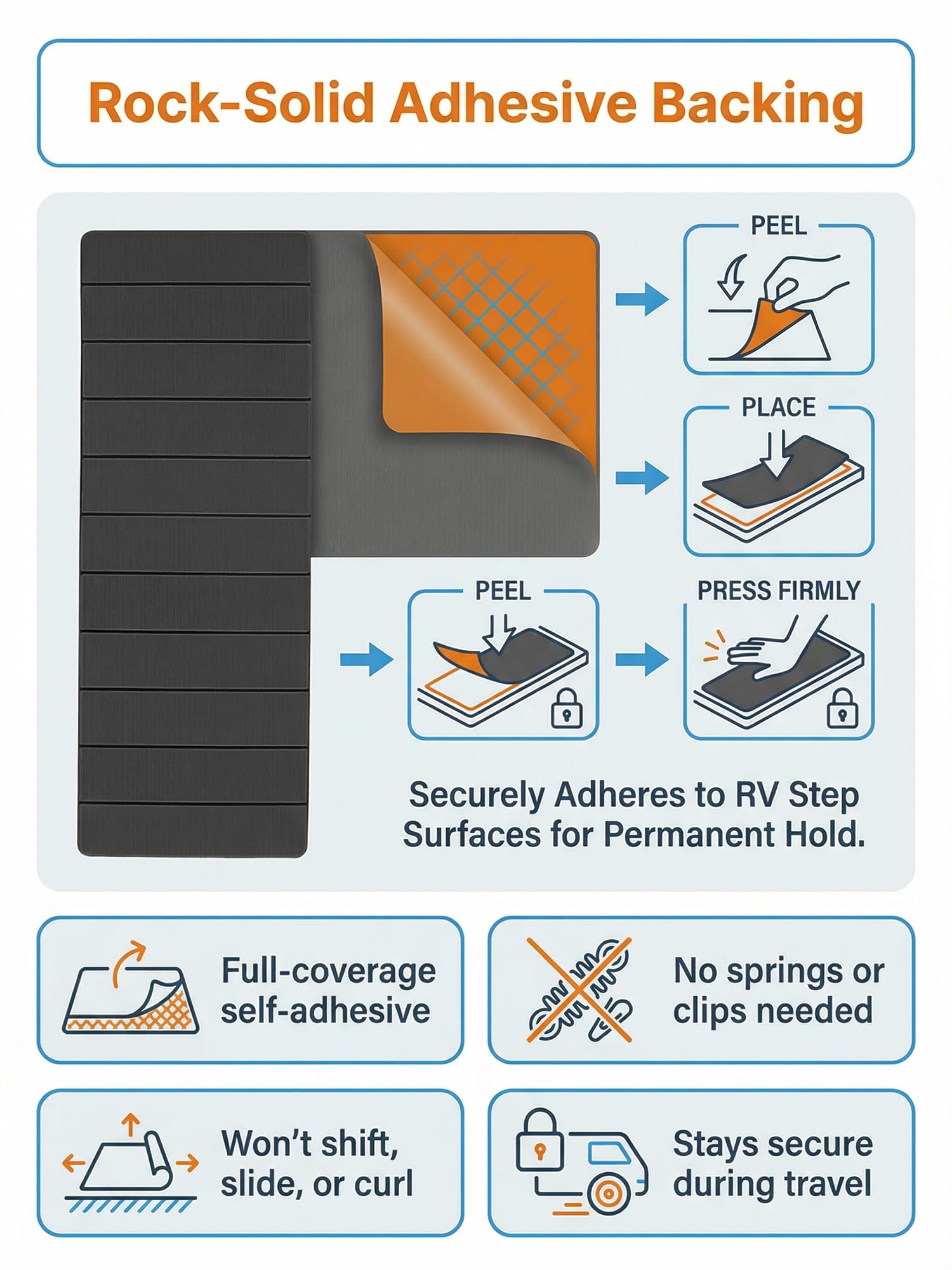 Vnivxte RV Step Covers trim-to-fit for seamless RV installation.