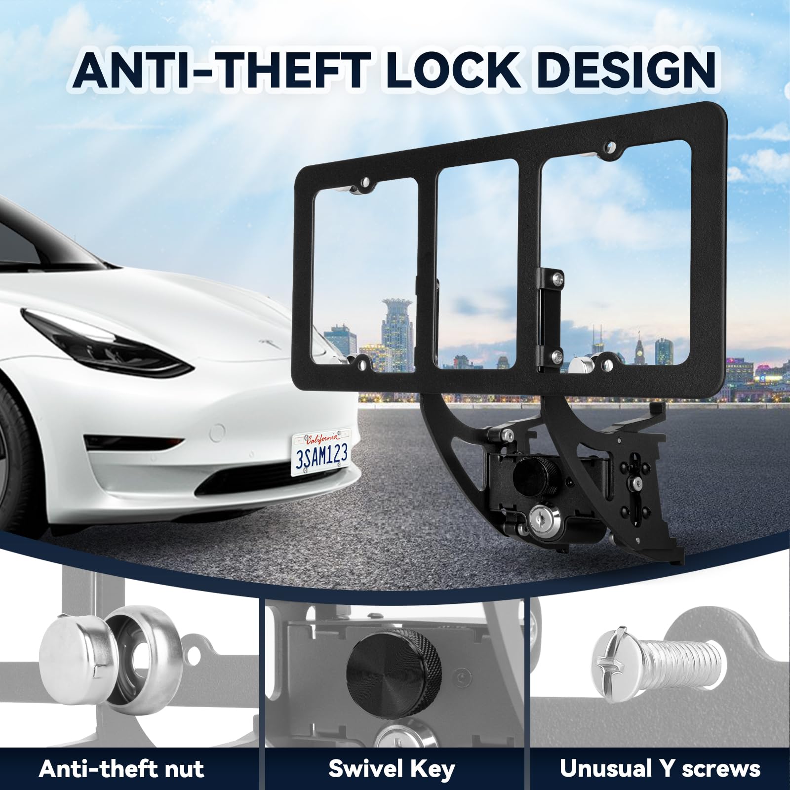 Vnkesno no-drill front plate frame for Model 3 simplifies installation without bumper damage.