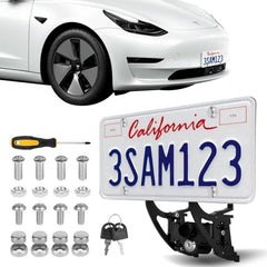 Vnkesno front license plate mount with anti-theft lock for Tesla Model Y keeps your plate secure.