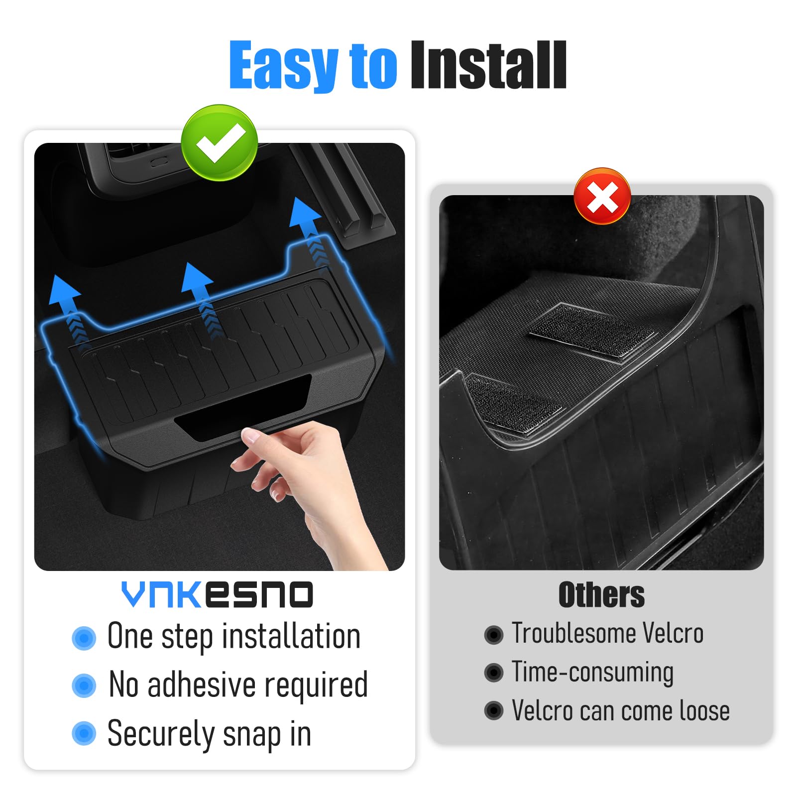 Vnkesno Model Y snap-in installation for stable, tool-free setup.