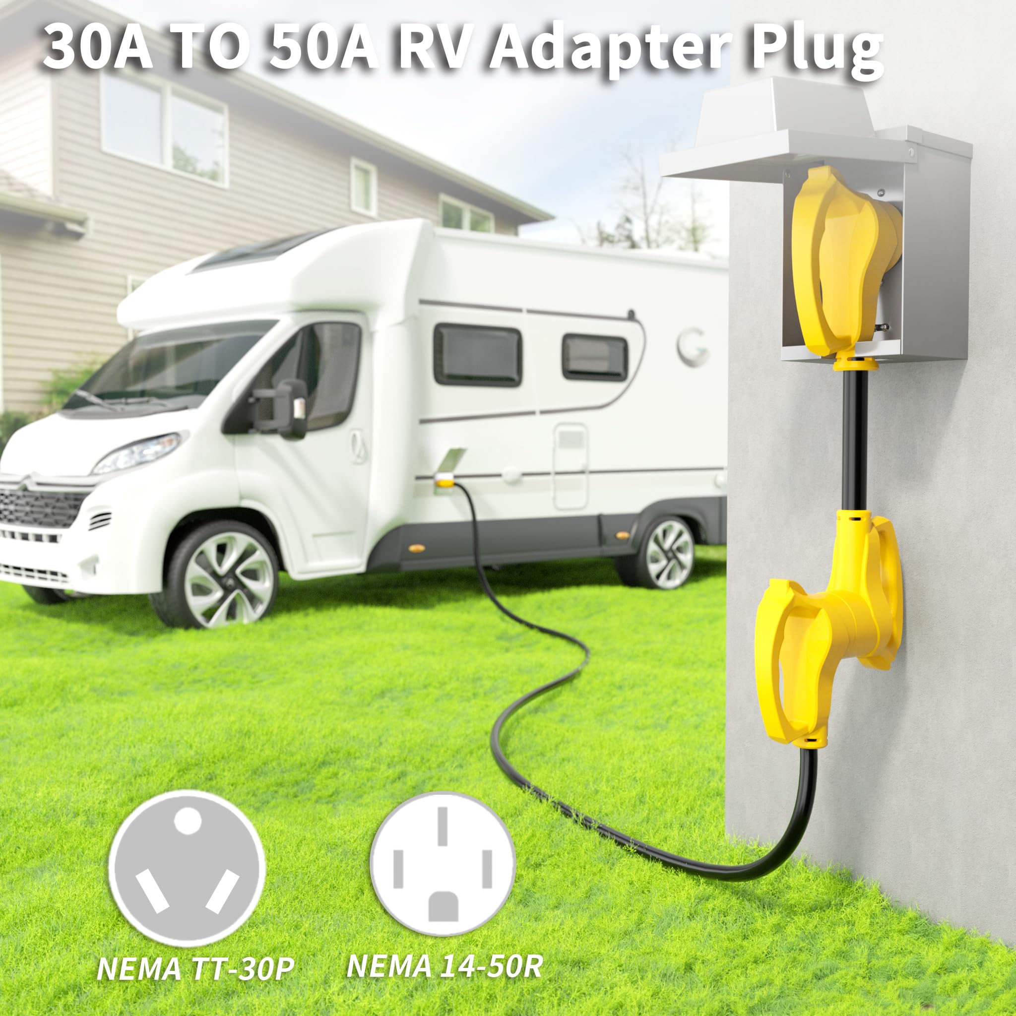 Vockjour 12-inch adapter in use with RV campsite hookups.
