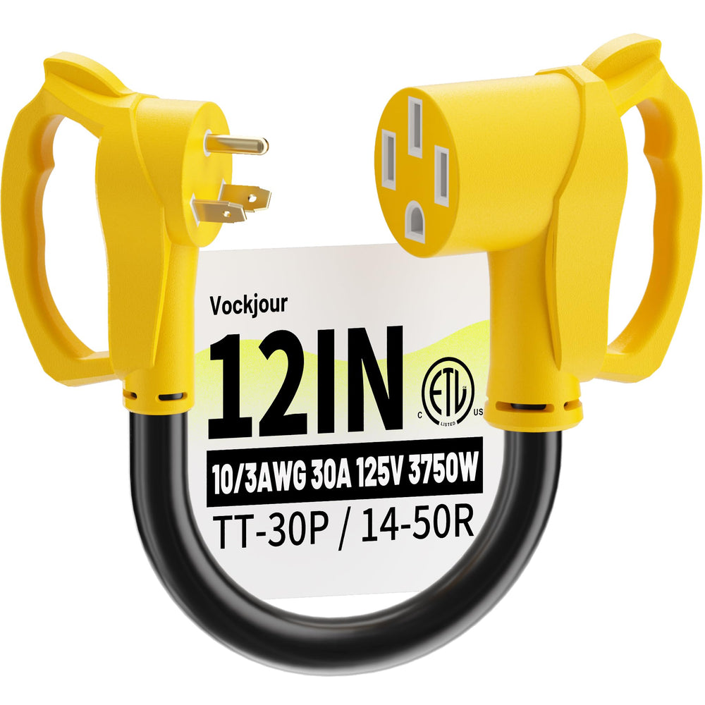 Vockjour TT-30P to 14-50R adapter in 12 inches for reliable outdoor RV power connections.