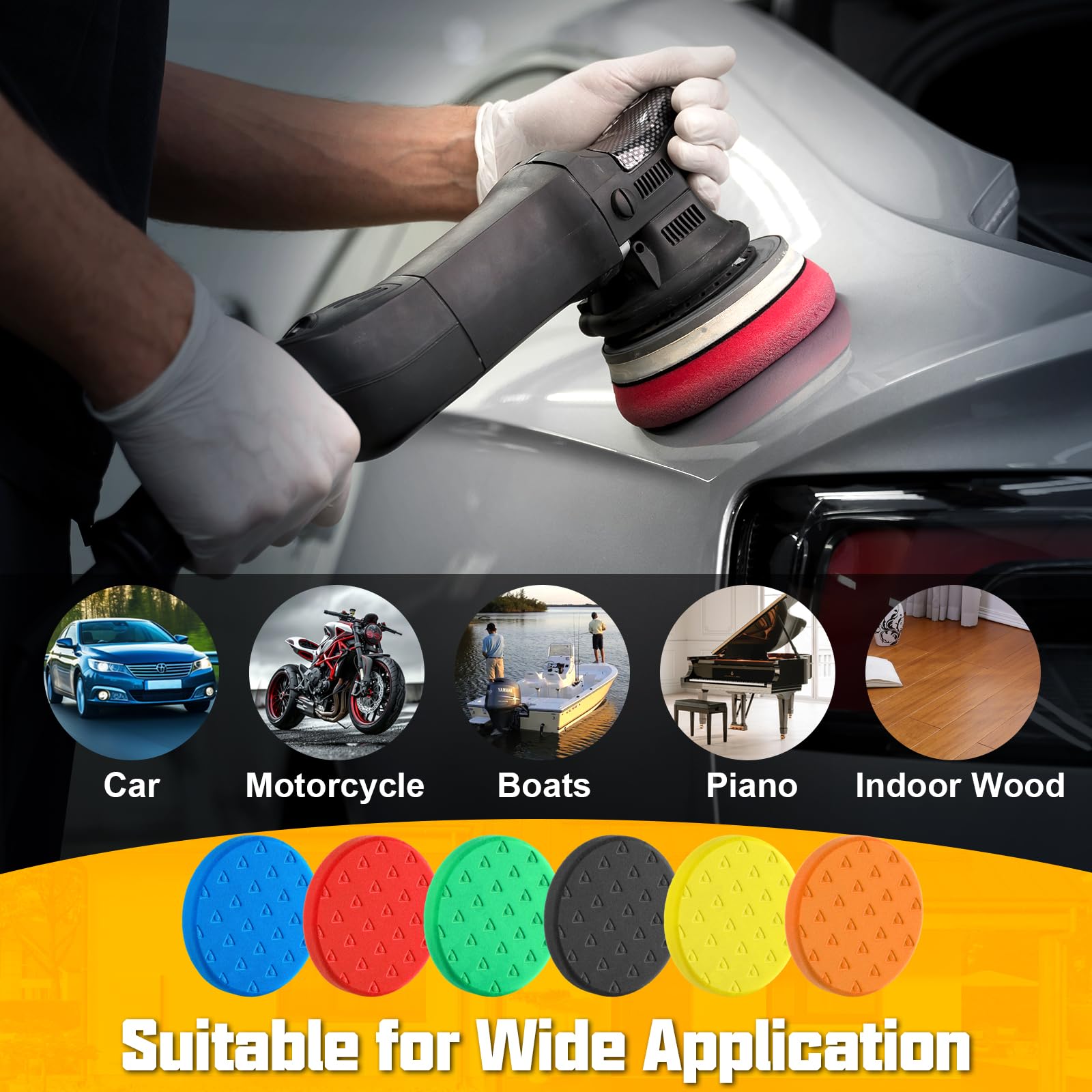 VOFirst complete buffing pads kit offering versatile colors for car detailing.