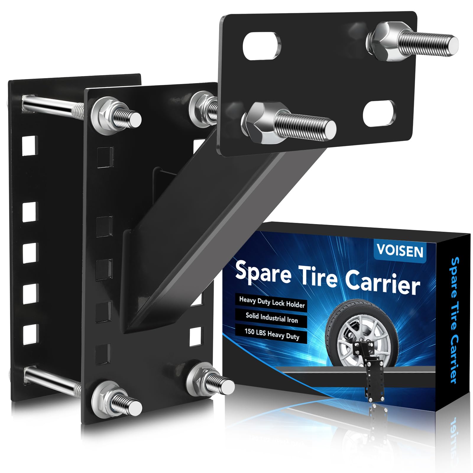 VOISEN spare tire carrier mounted on trailer for quick, secure transport