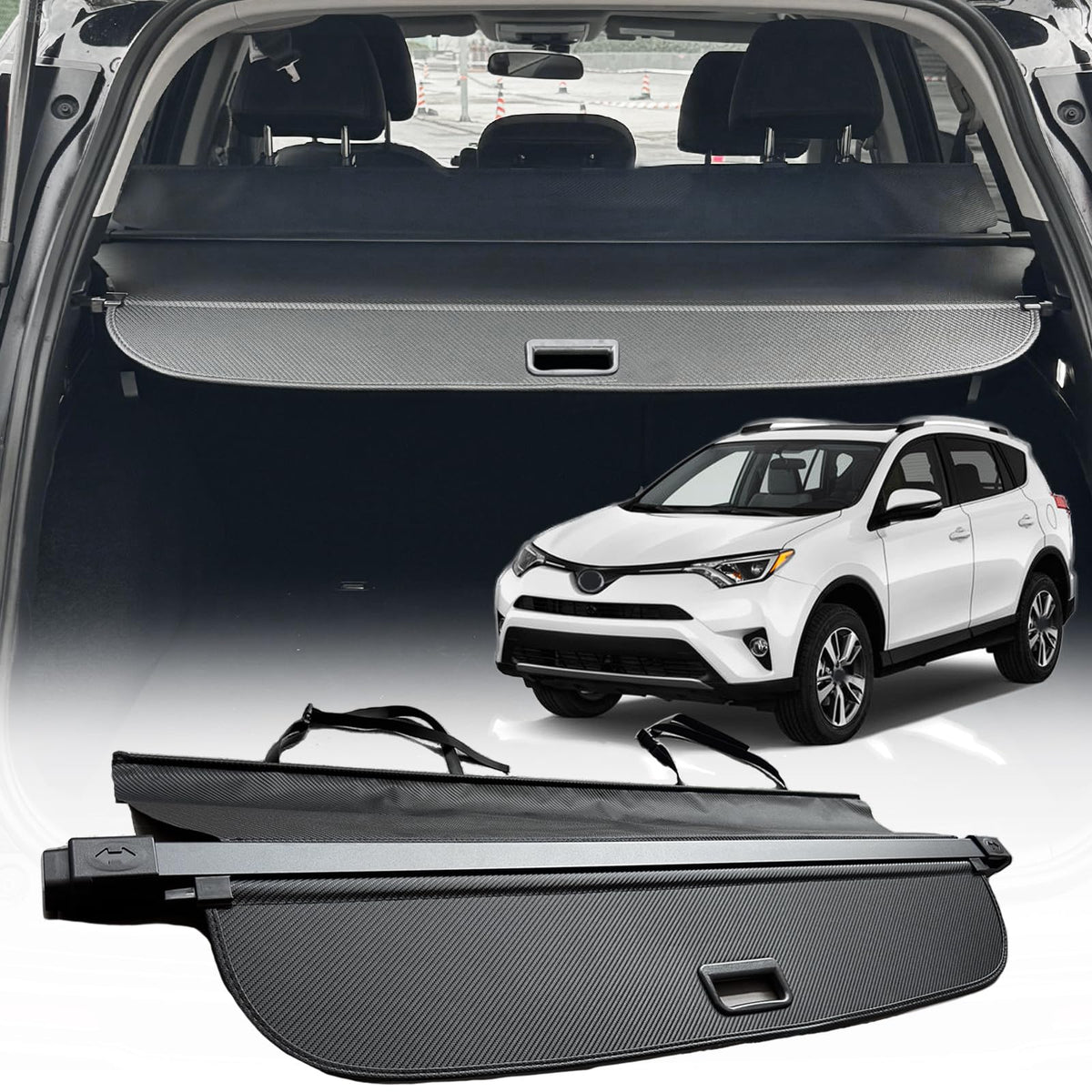 Volcaner Rav4 cargo cover in carbon fiber look enhances trunk privacy and style.