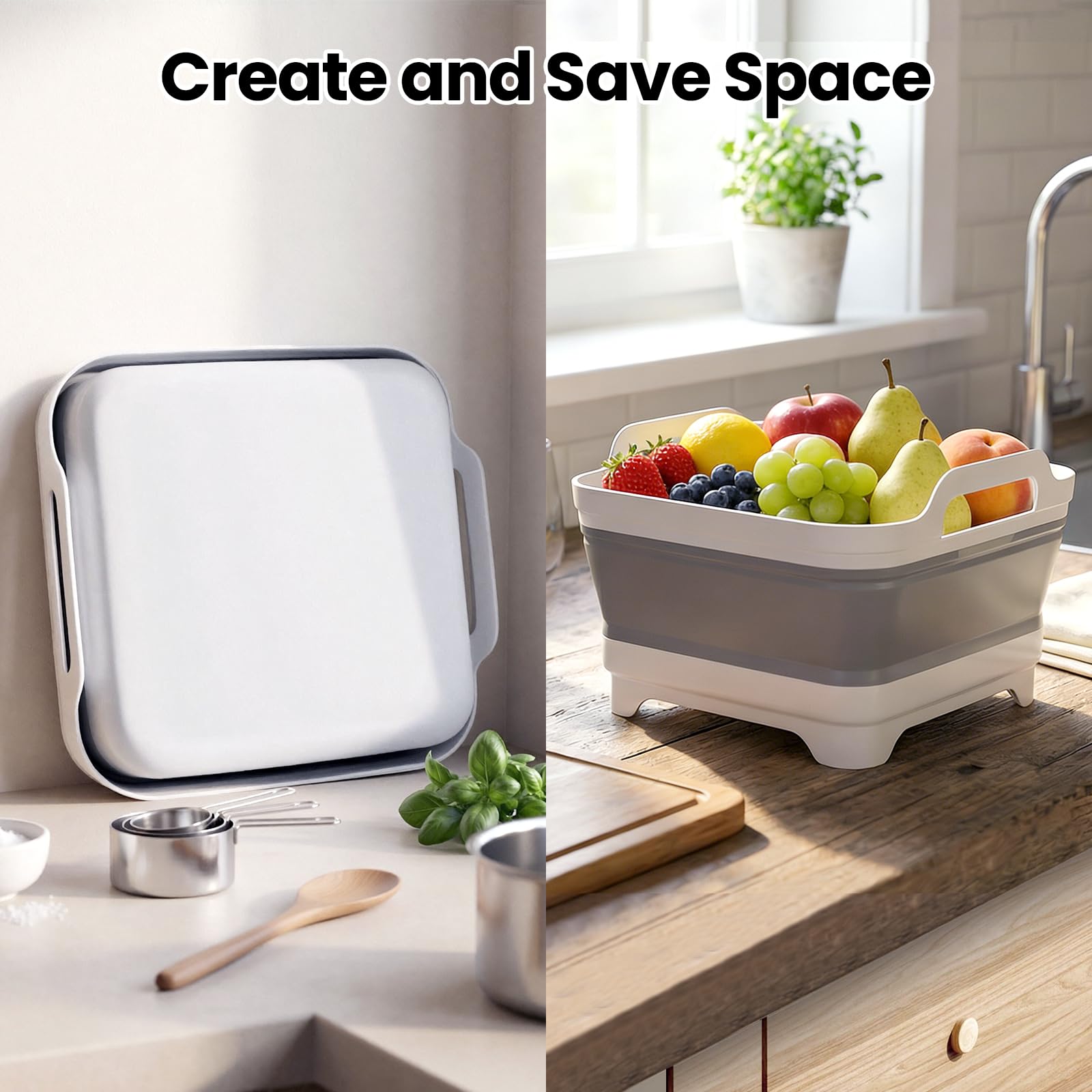 Volnamal collapsible basin stored compactly in a cabinet