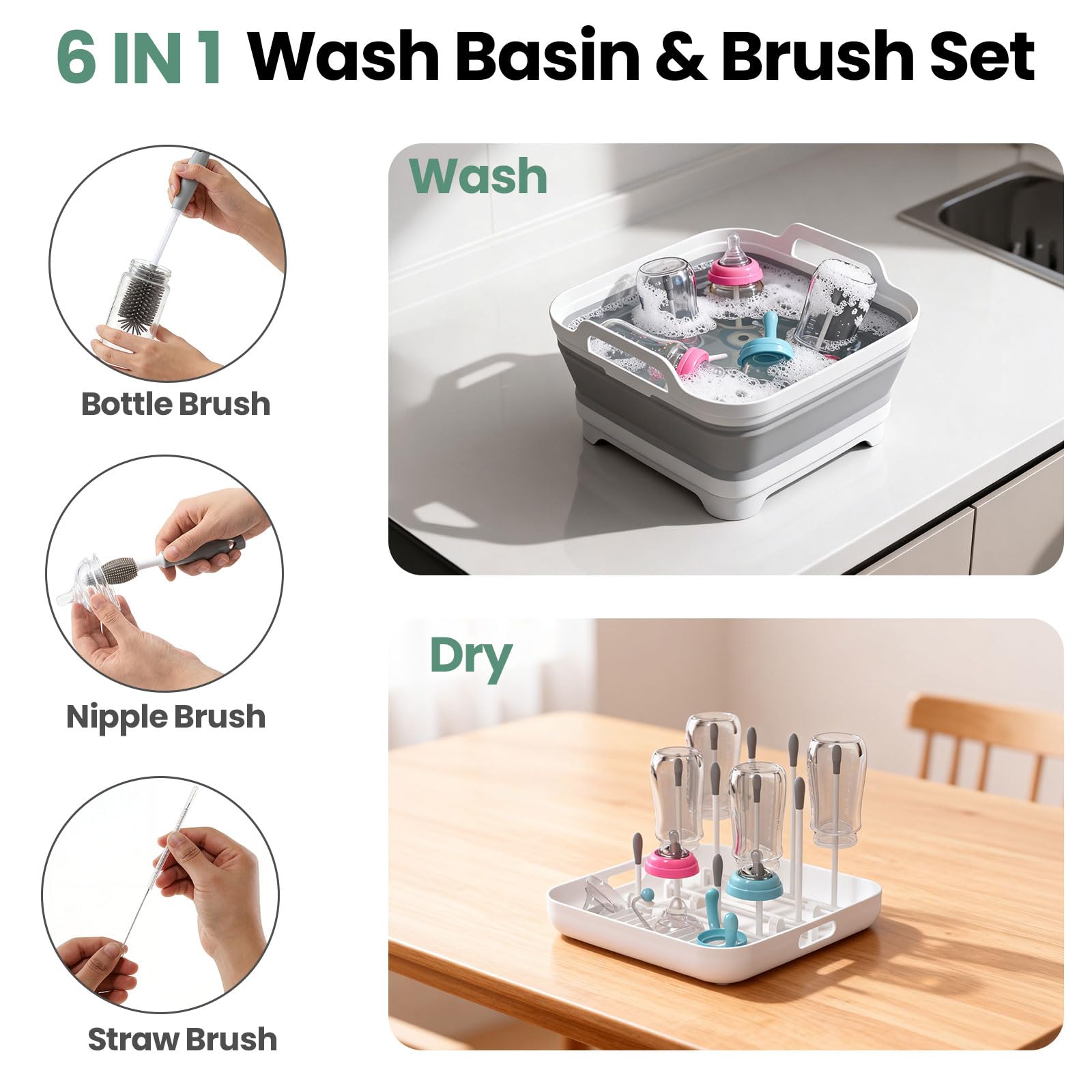 Volnamal bottle brush included with the basin for easy scrubbing