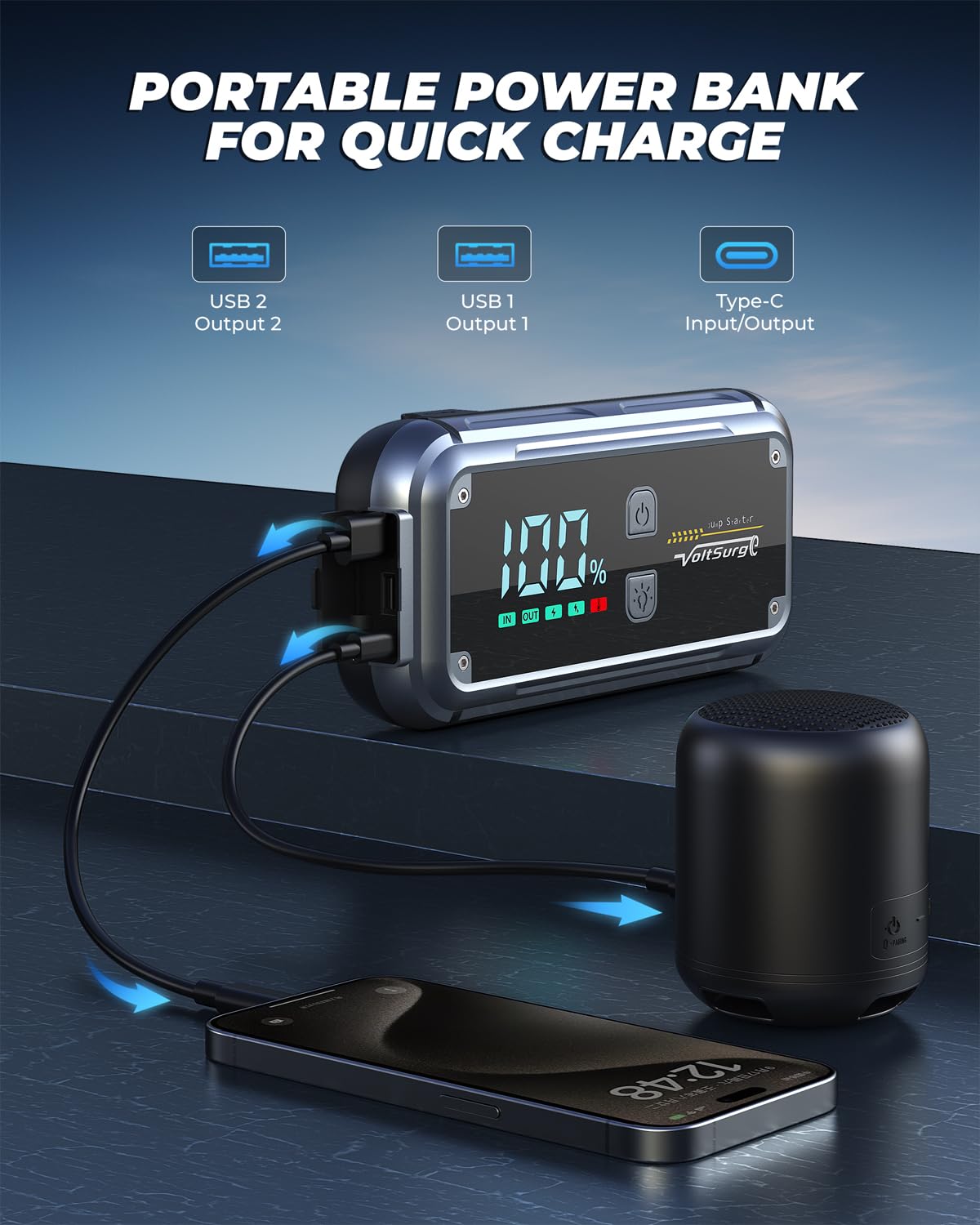 VoltSurge 7000A compact storage case keeps accessories organized.