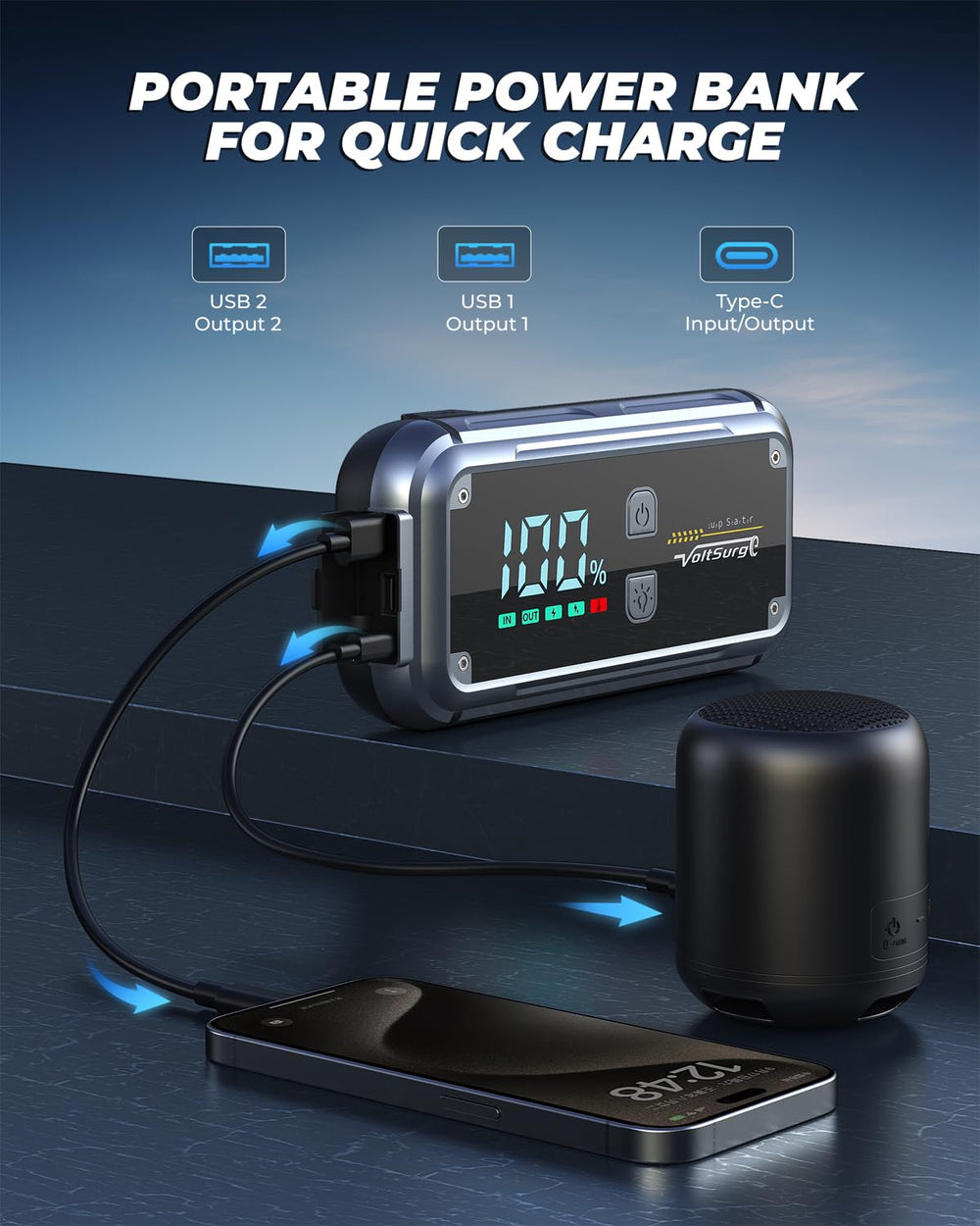 VoltSurge 7000A compact storage case keeps accessories organized.