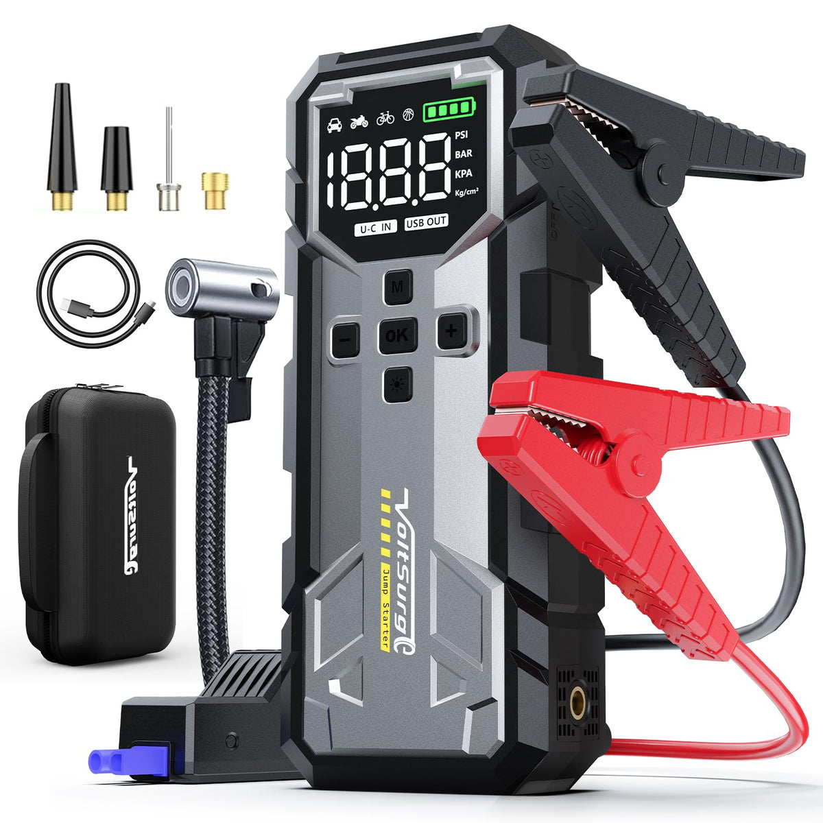 VoltSurge 8000A jump starter unit ready for emergency car boosts
