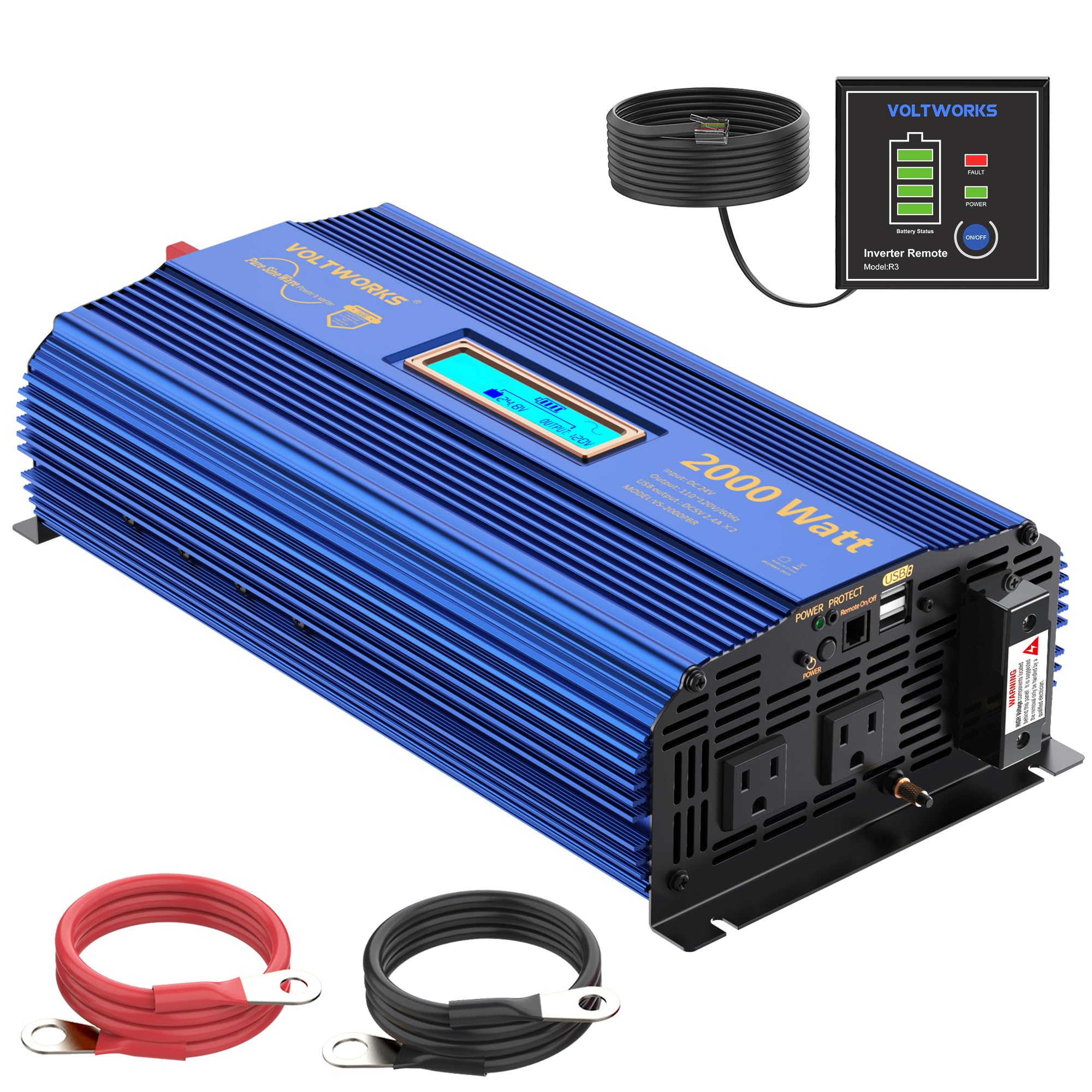 VoltWorks 24V 2000W inverter front view for off-grid power readiness
