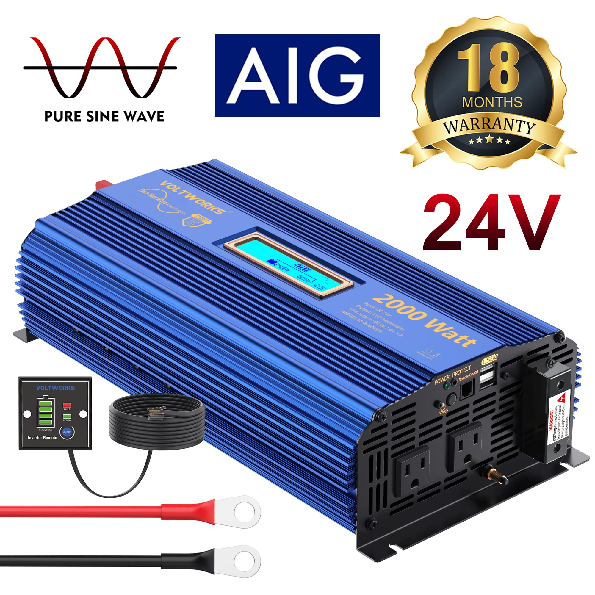 VoltWorks 24V 2000W inverter LCD display shows input and output status
