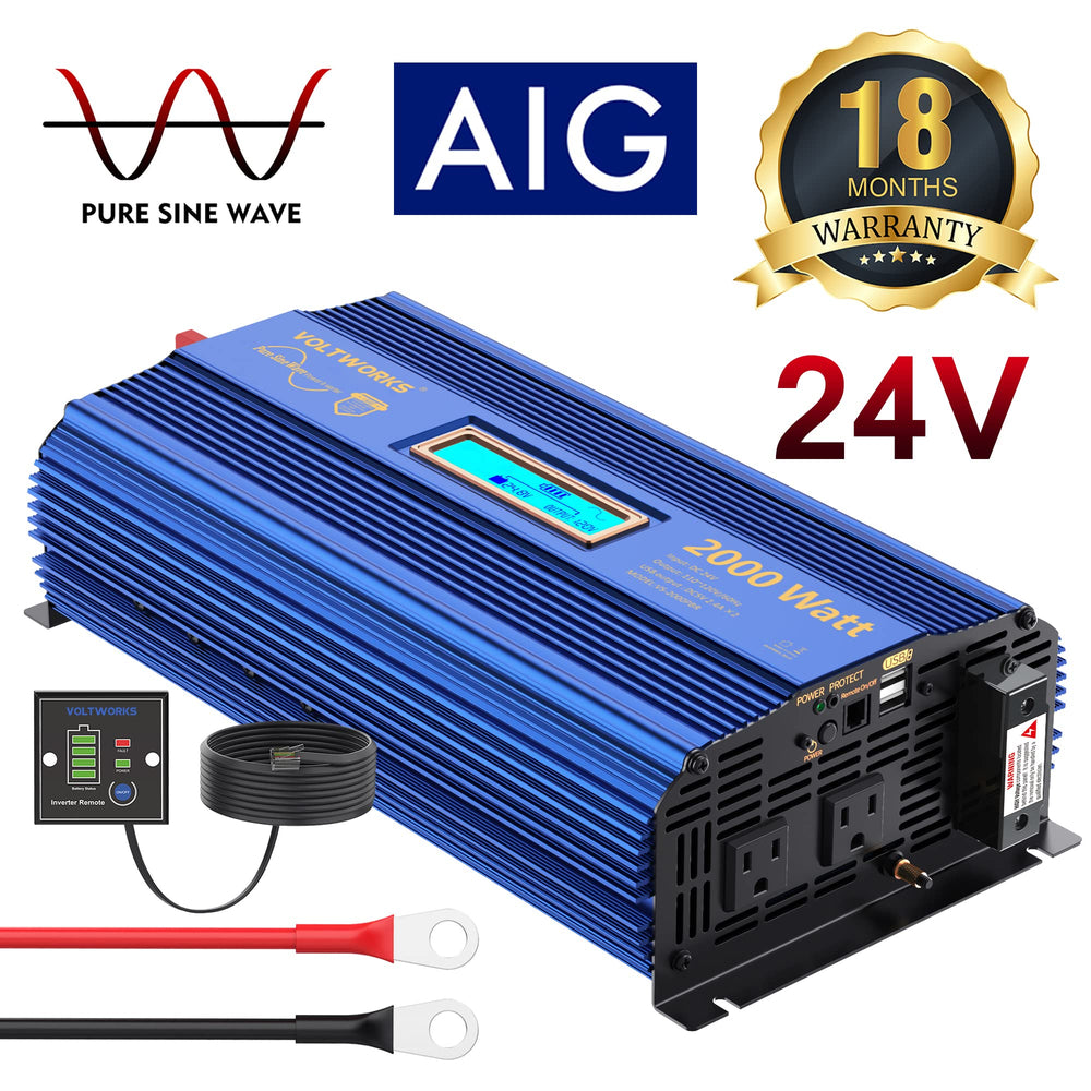 VoltWorks 24V 2000W inverter LCD display shows input and output status
