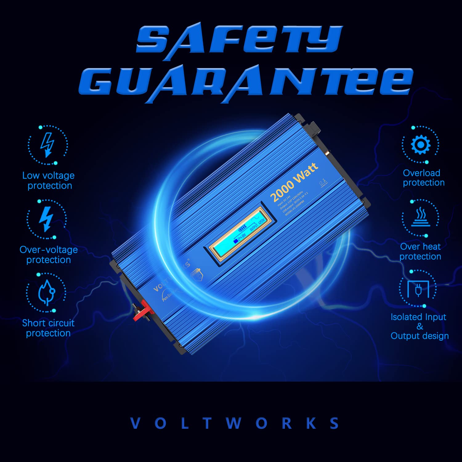 VoltWorks 24V 2000W inverter dual USB ports for quick charging