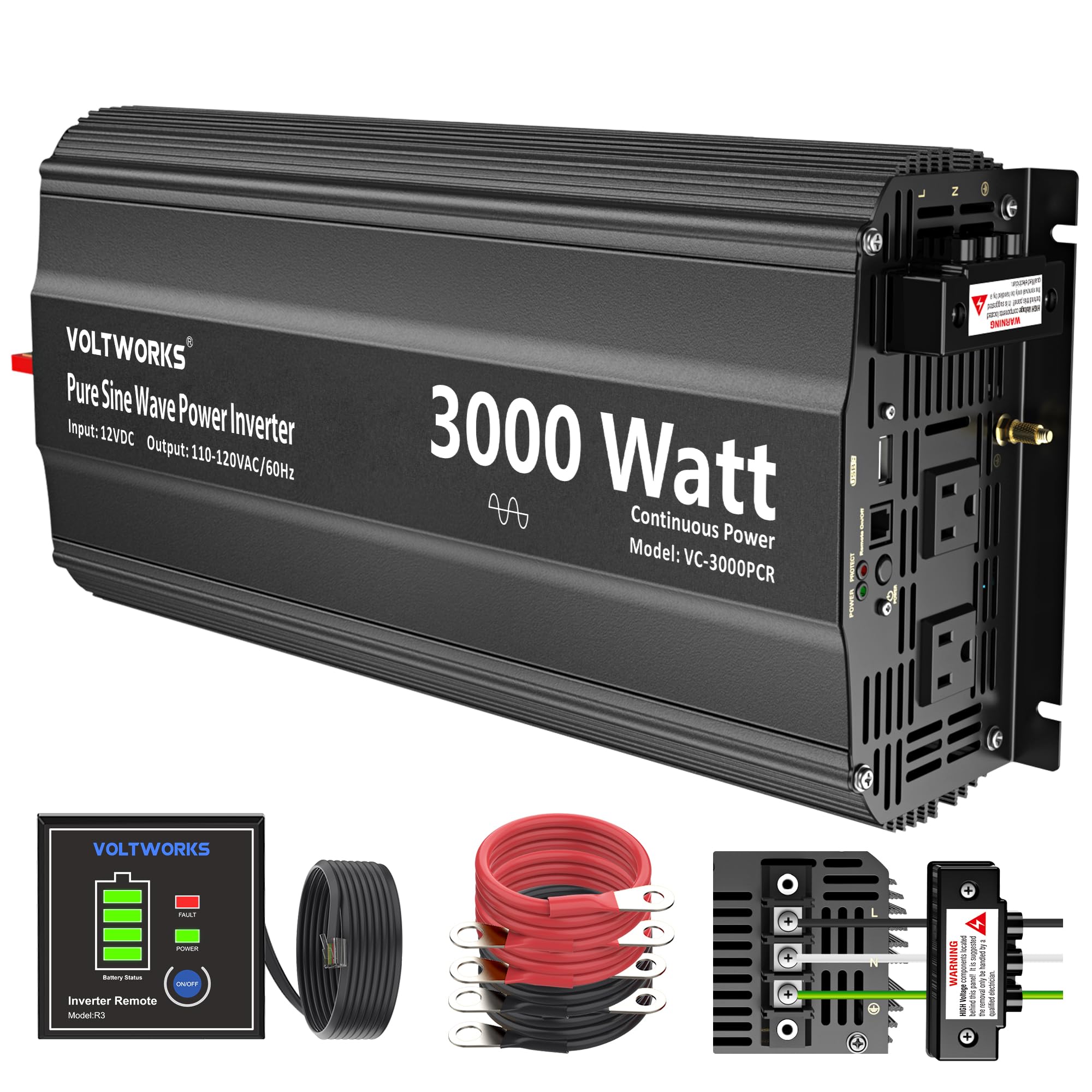VOLTWORKS 3000W inverter front view powering appliances with pure sine wave output