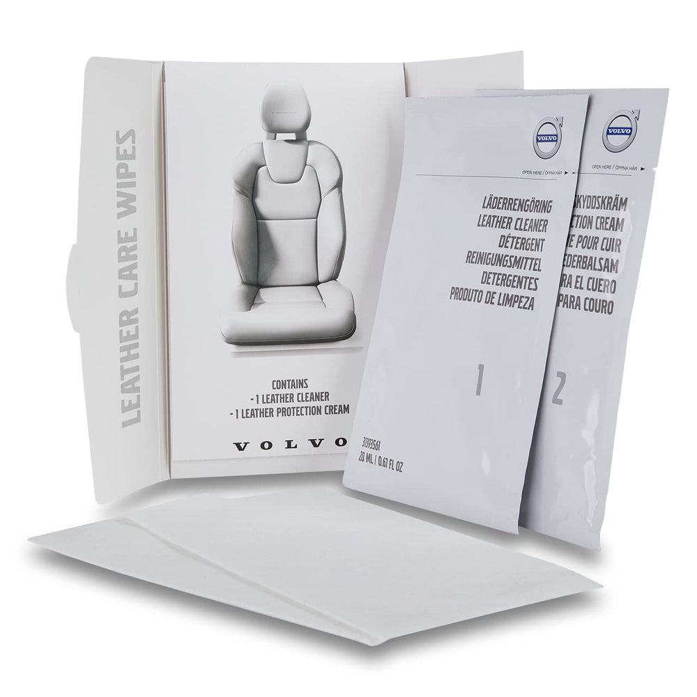 Volvo Genuine Leather Care Wipes application on leather showing conditioning.